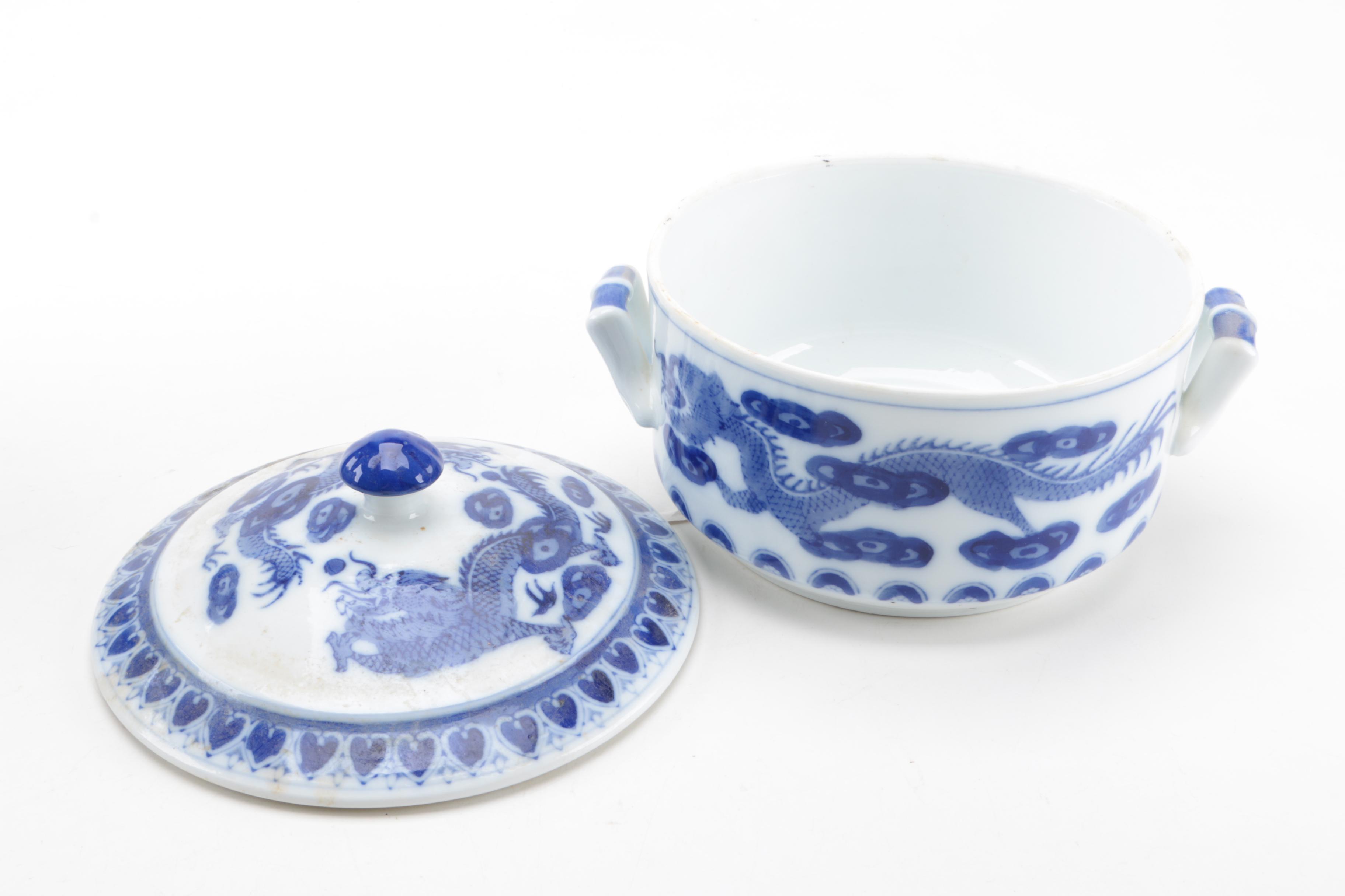 Blue and White Ceramic Lidded Containers and Vase