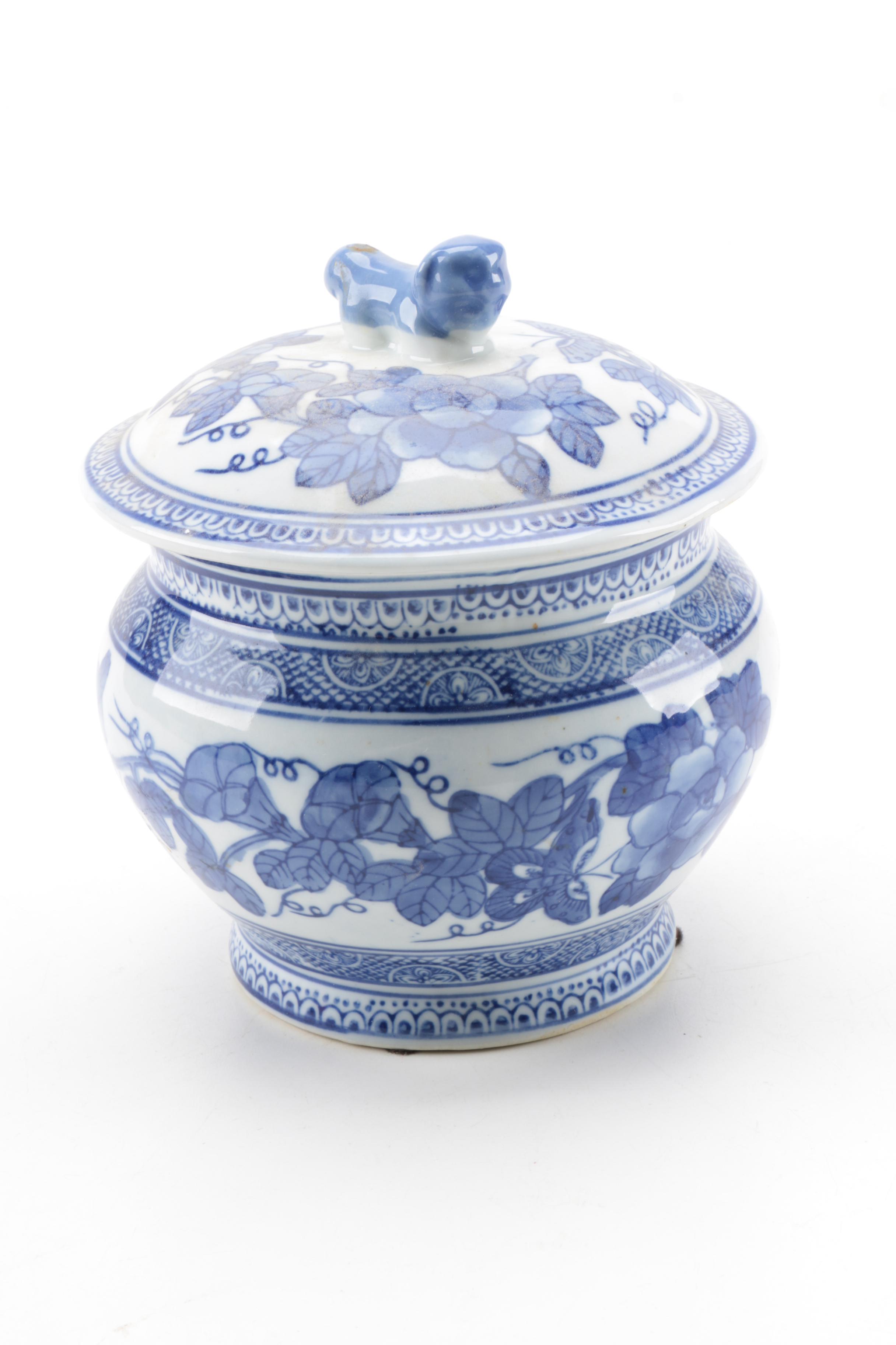 Blue and White Ceramic Lidded Containers and Vase