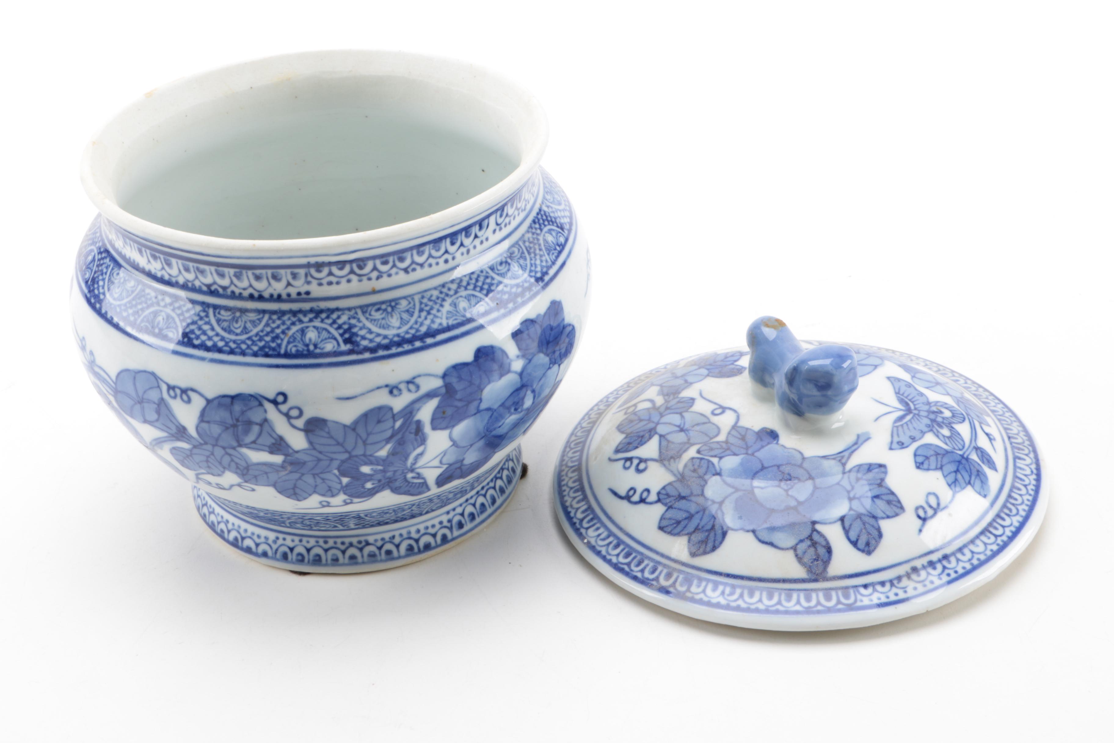 Blue and White Ceramic Lidded Containers and Vase