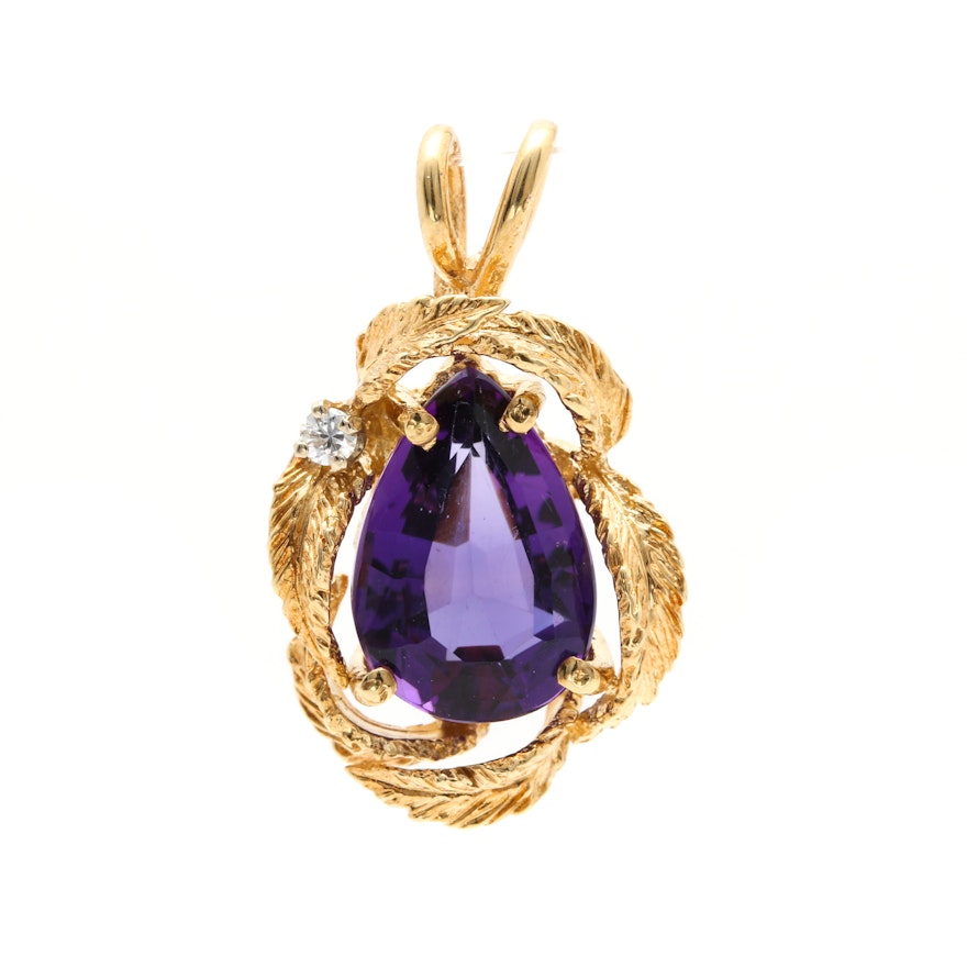 14K Yellow Gold Amethyst Pendant With Diamond Accent