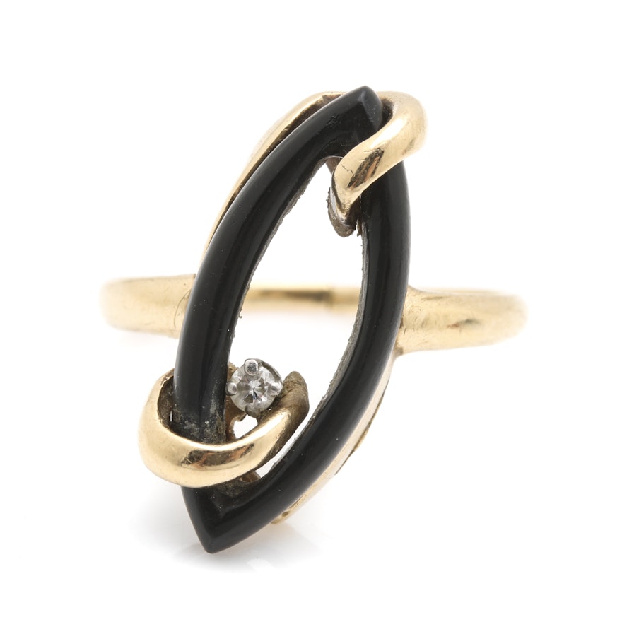 14K Yellow Gold Black Onyx and Diamond Ring