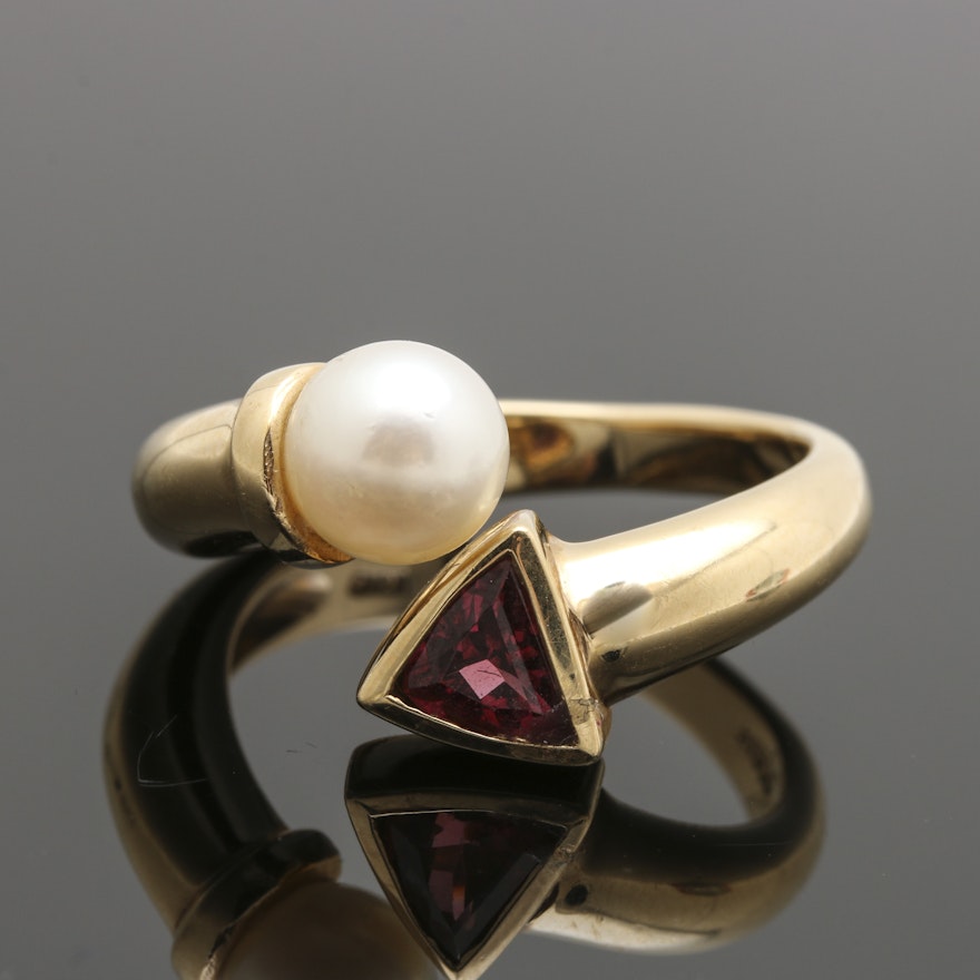 14K Yellow Gold Cultured Pearl and Garnet Bypass Ring