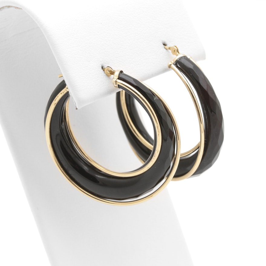 14K Yellow Gold Black Onyx Hoop Earrings