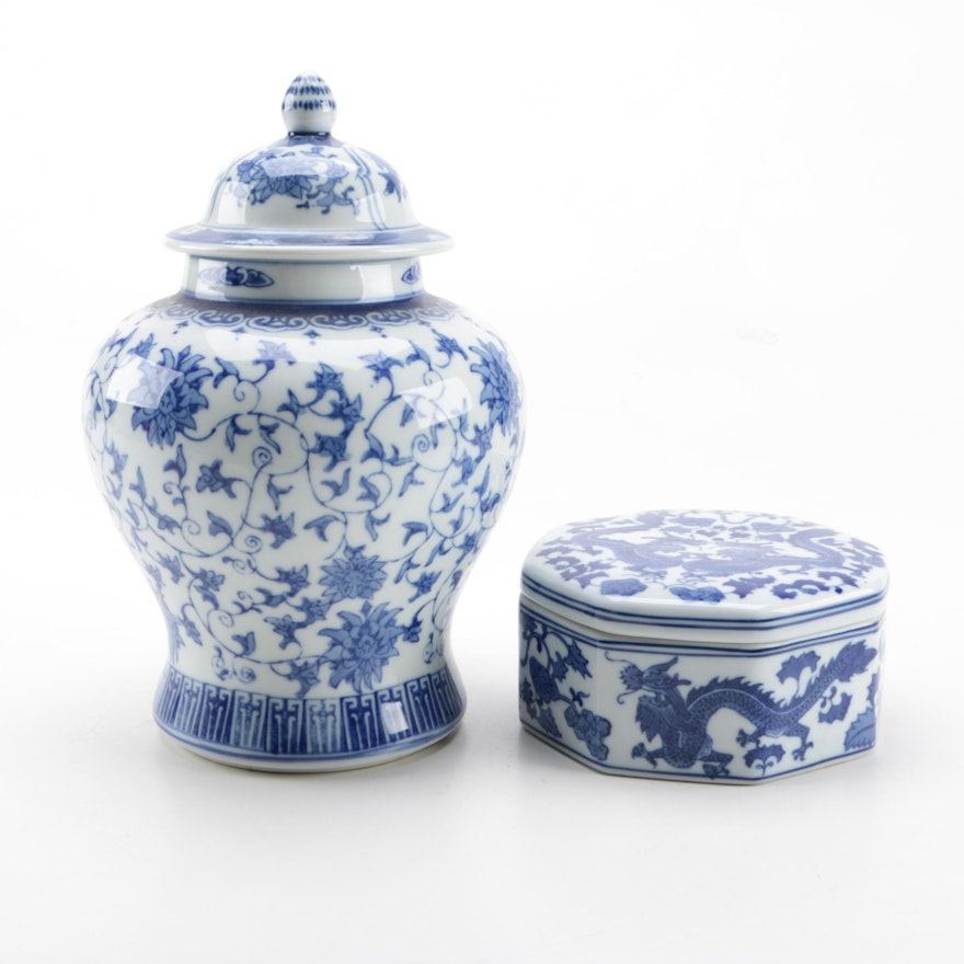 Blue and White Ceramic Ginger Jar and Trinket Box