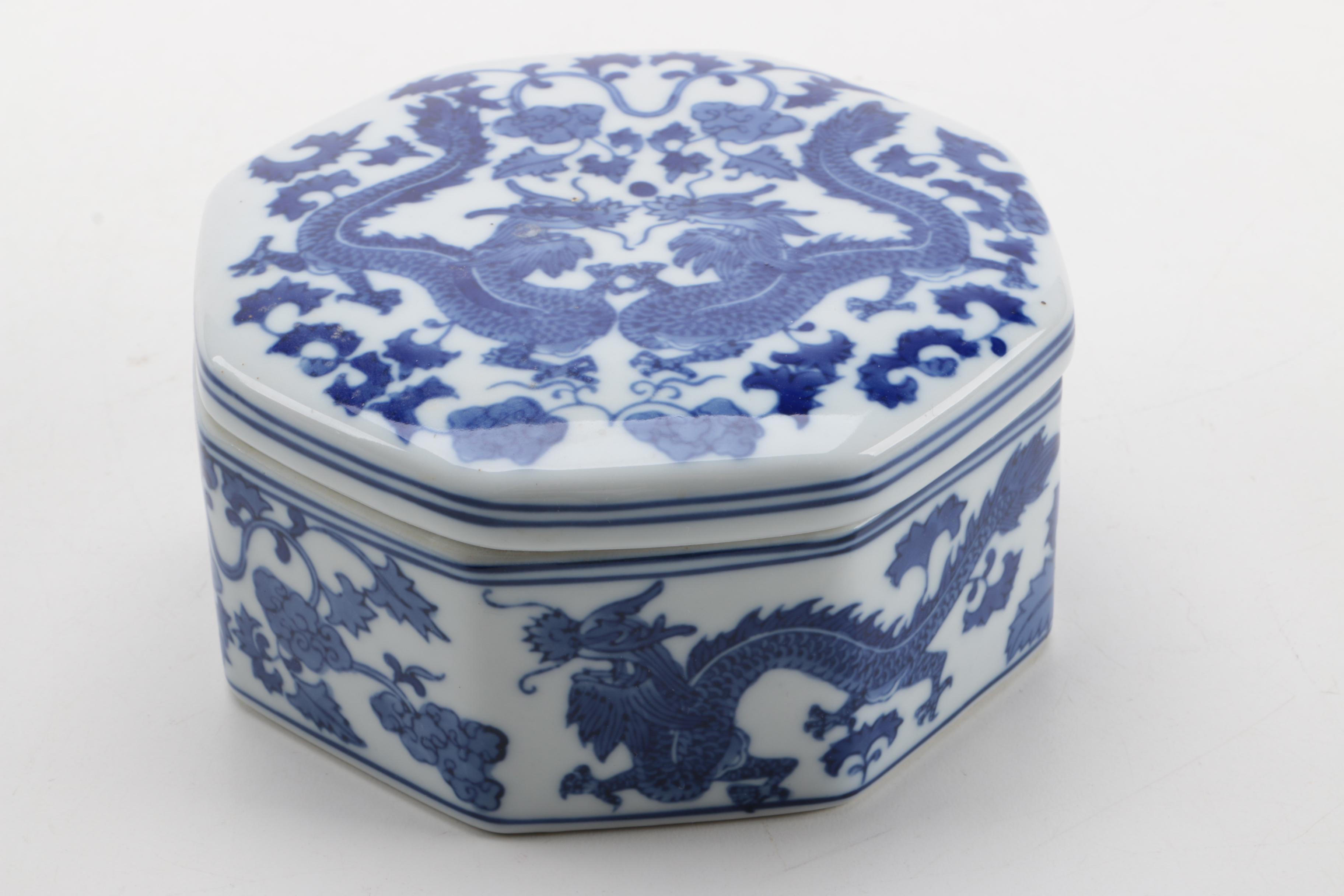 Blue and White Ceramic Ginger Jar and Trinket Box