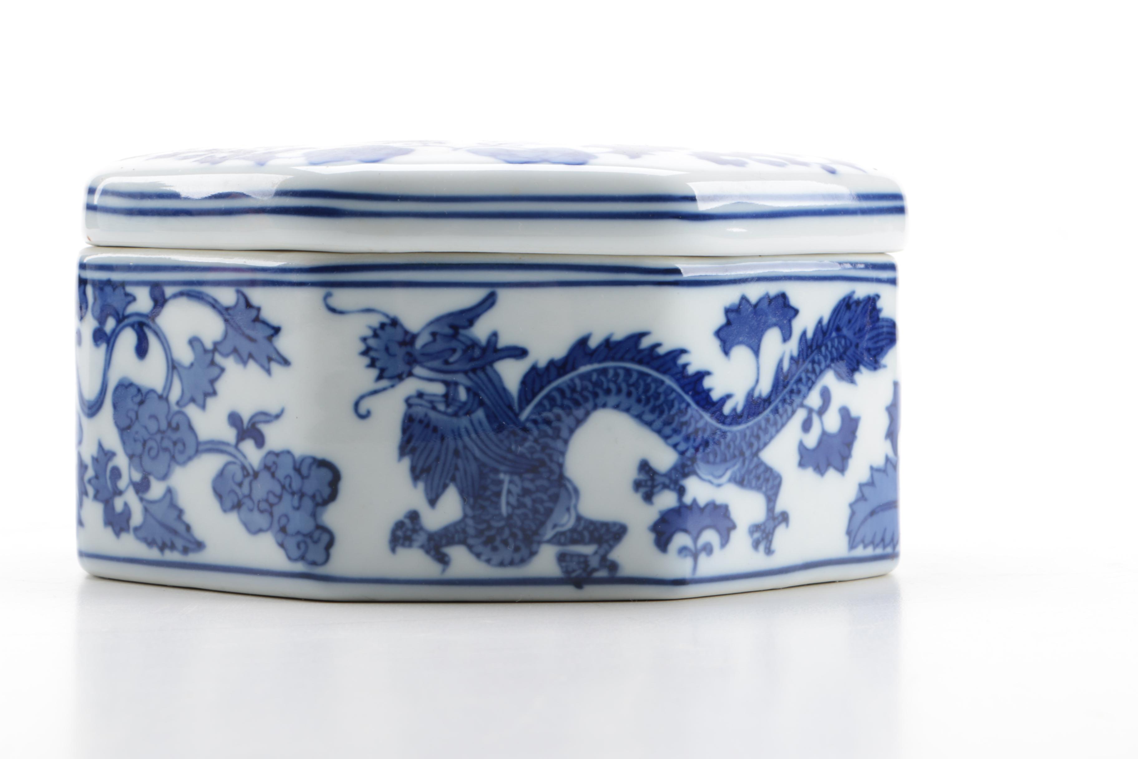 Blue and White Ceramic Ginger Jar and Trinket Box