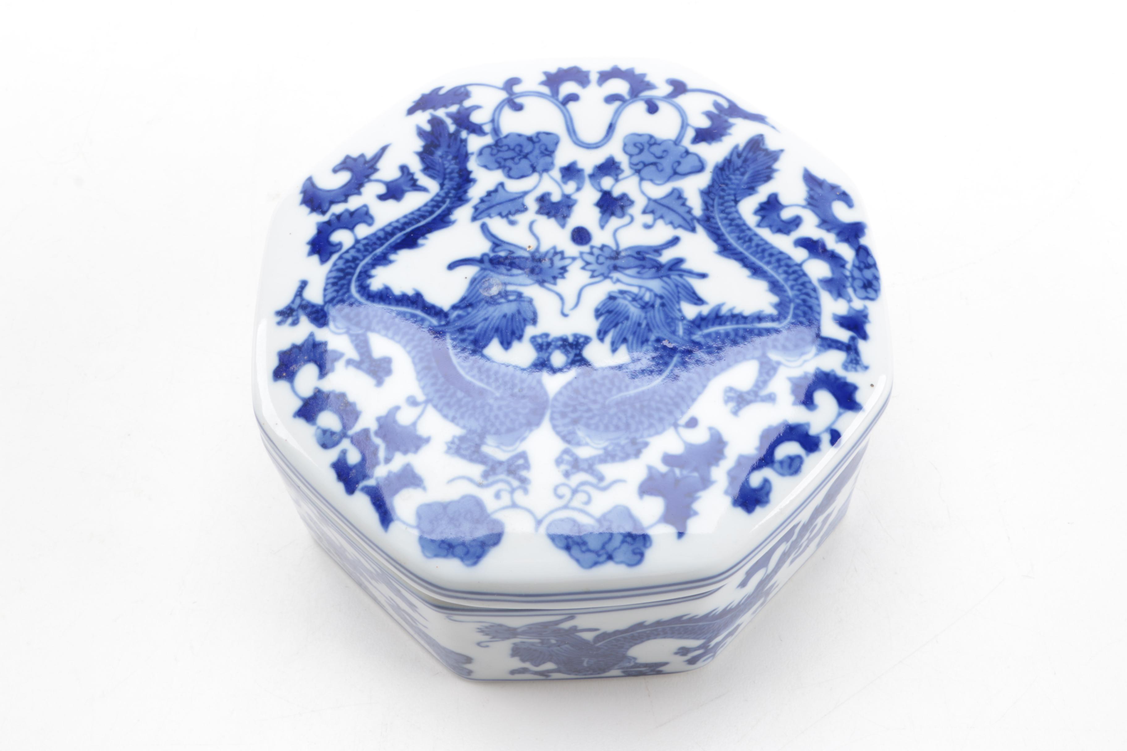 Blue and White Ceramic Ginger Jar and Trinket Box