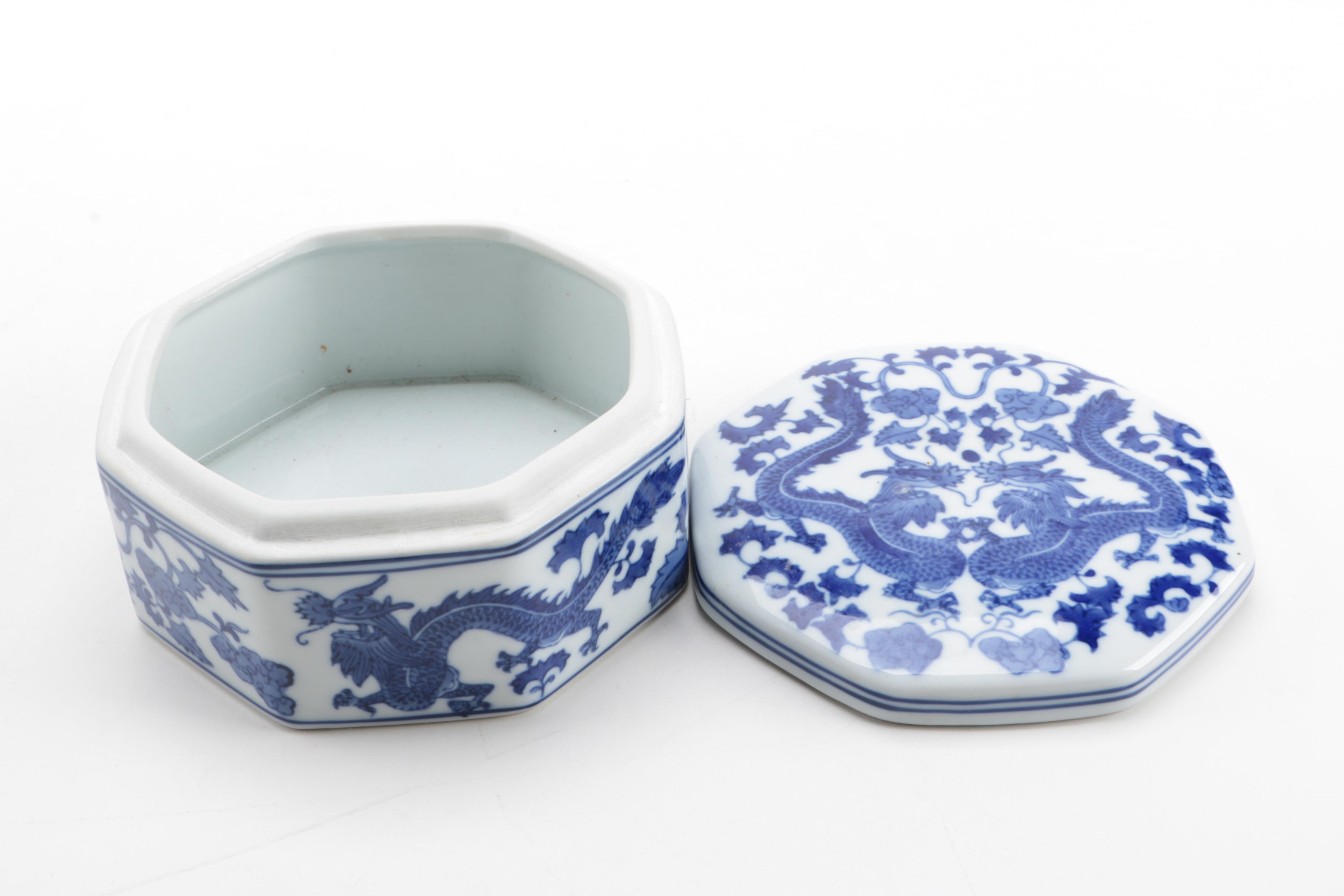 Blue and White Ceramic Ginger Jar and Trinket Box