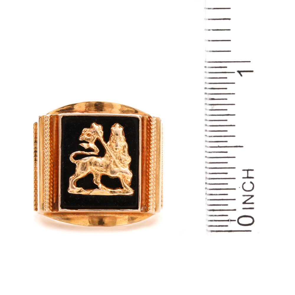 14K Yellow Gold Black Onyx Lion of Judah Ring