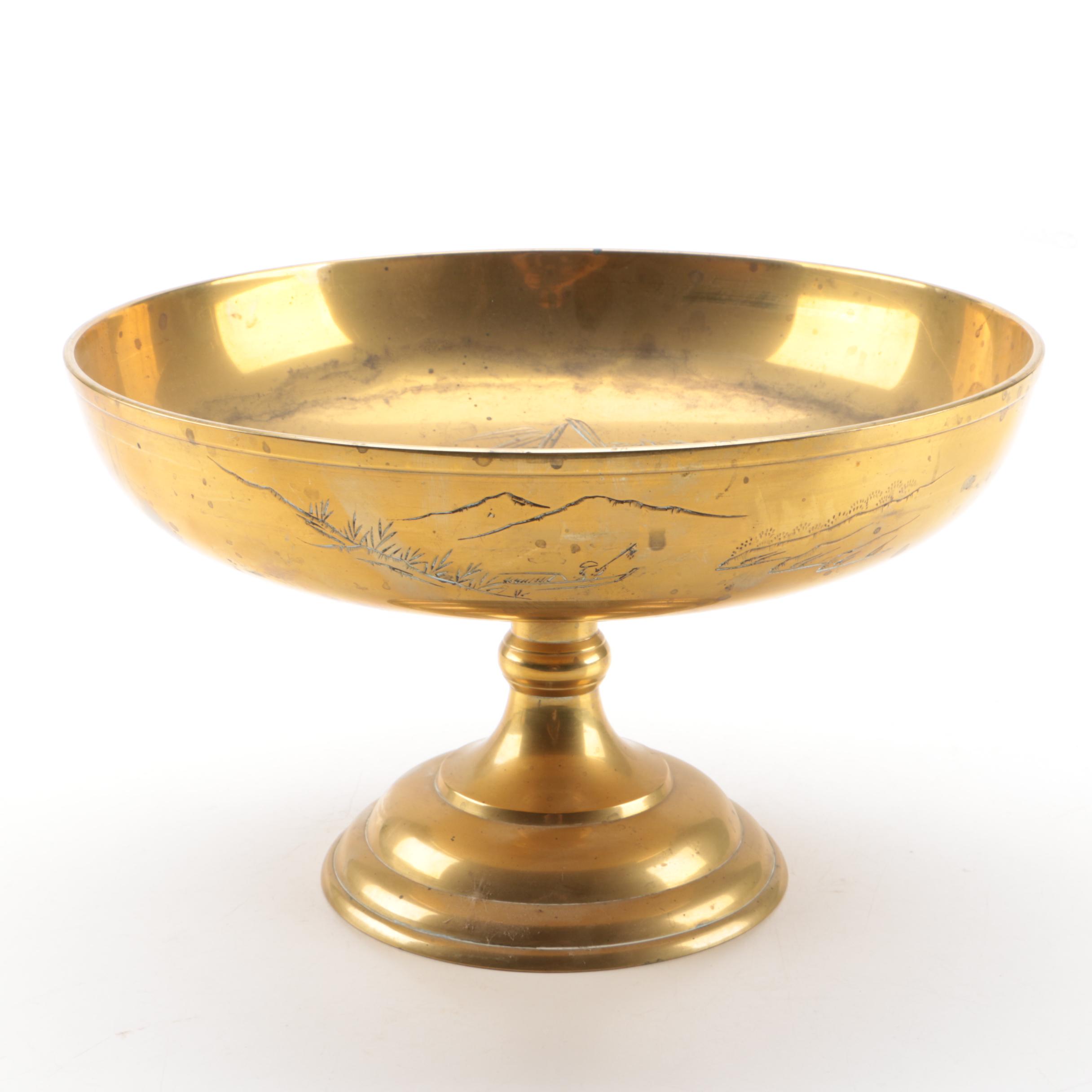 Decorative Footed Brass Dish with Chinese Inspired Motif