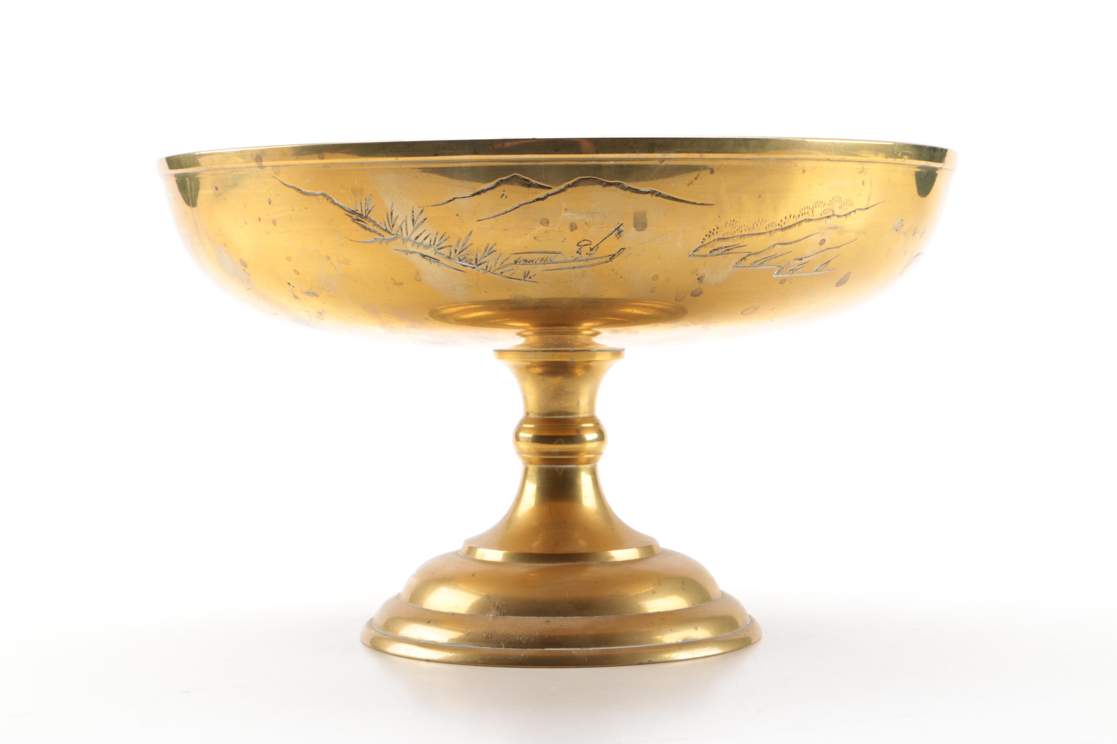Decorative Footed Brass Dish with Chinese Inspired Motif