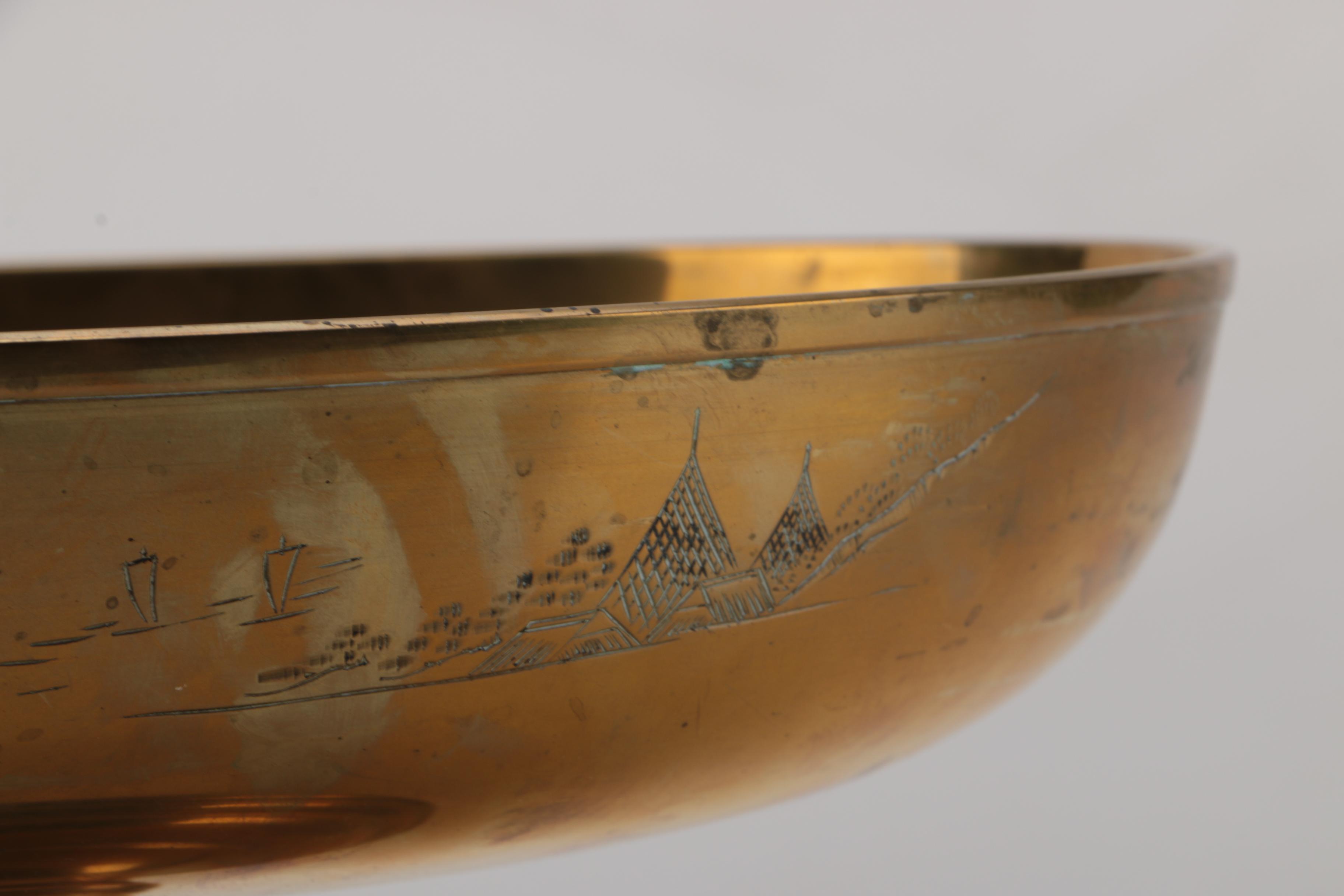 Decorative Footed Brass Dish with Chinese Inspired Motif
