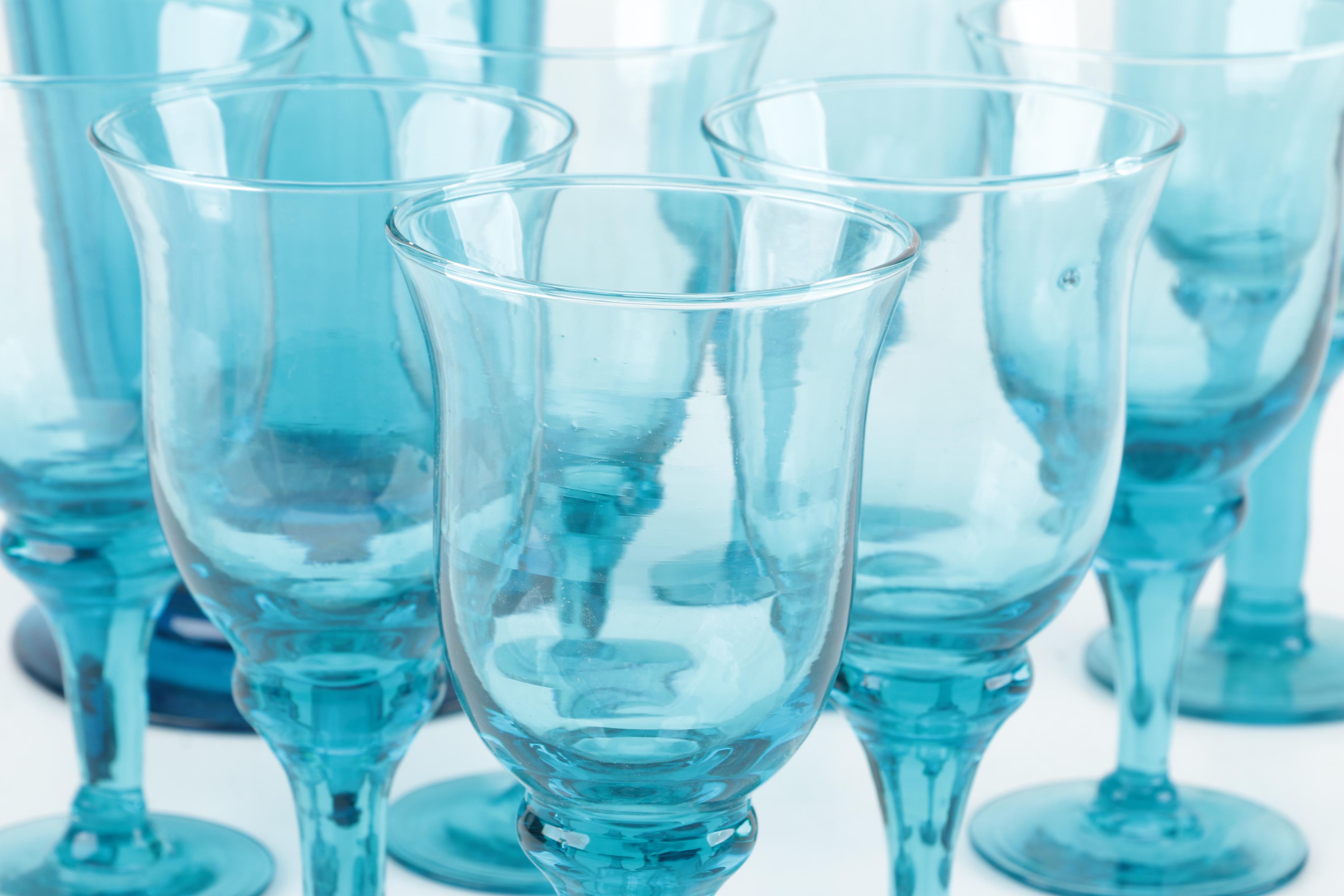 Hand Blown Teal Glassware and Vase