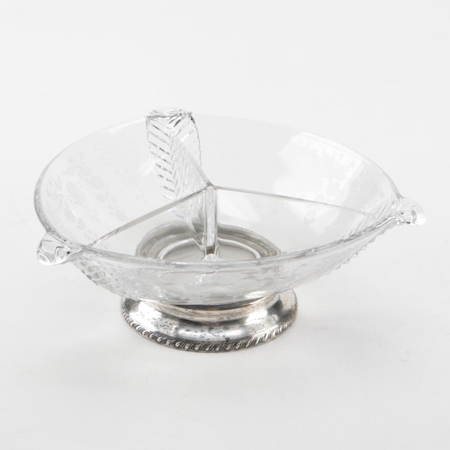 Sterling Silver and Glass Three Way Compartment Decorative Table Dish
