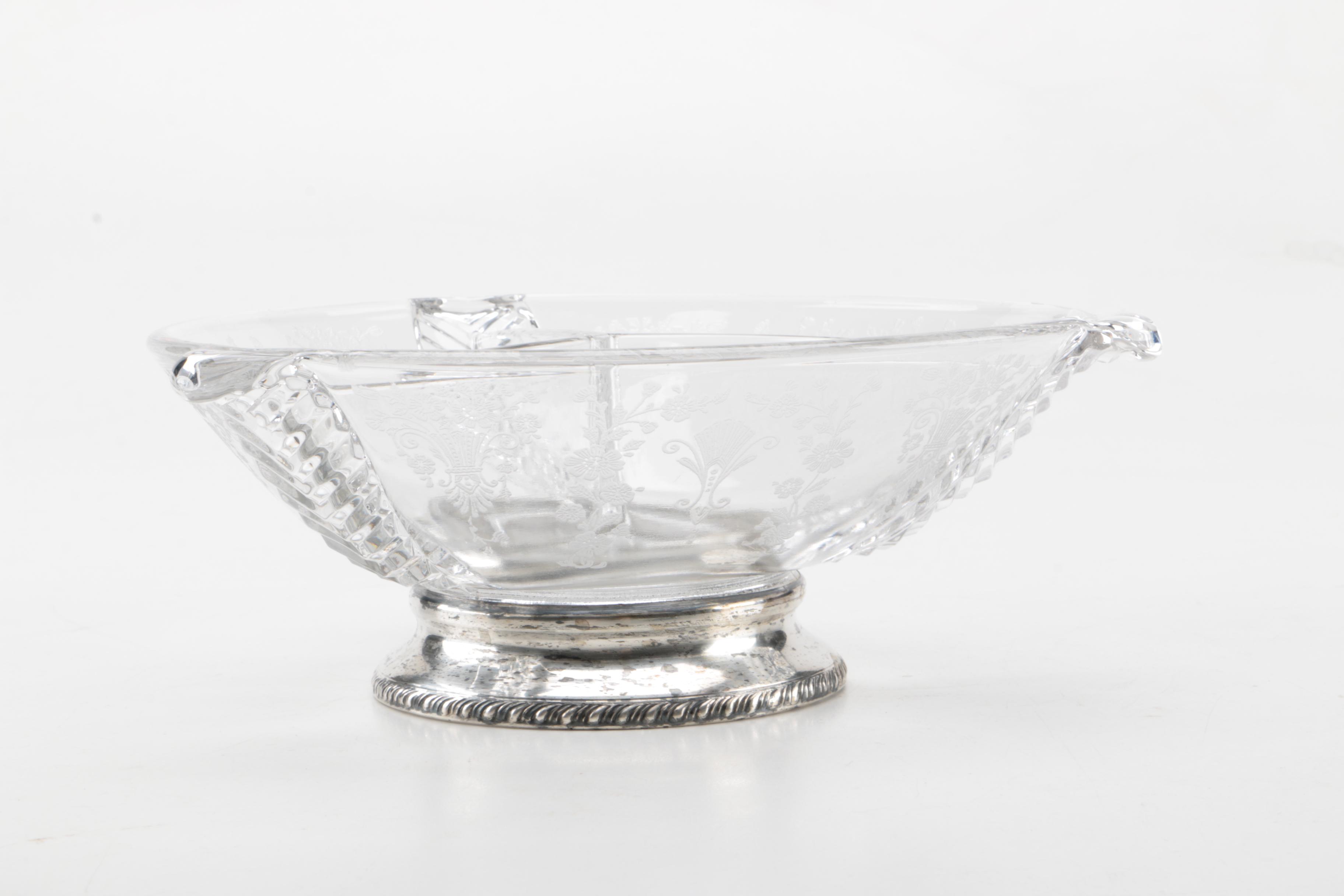 Sterling Silver and Glass Three Way Compartment Decorative Table Dish