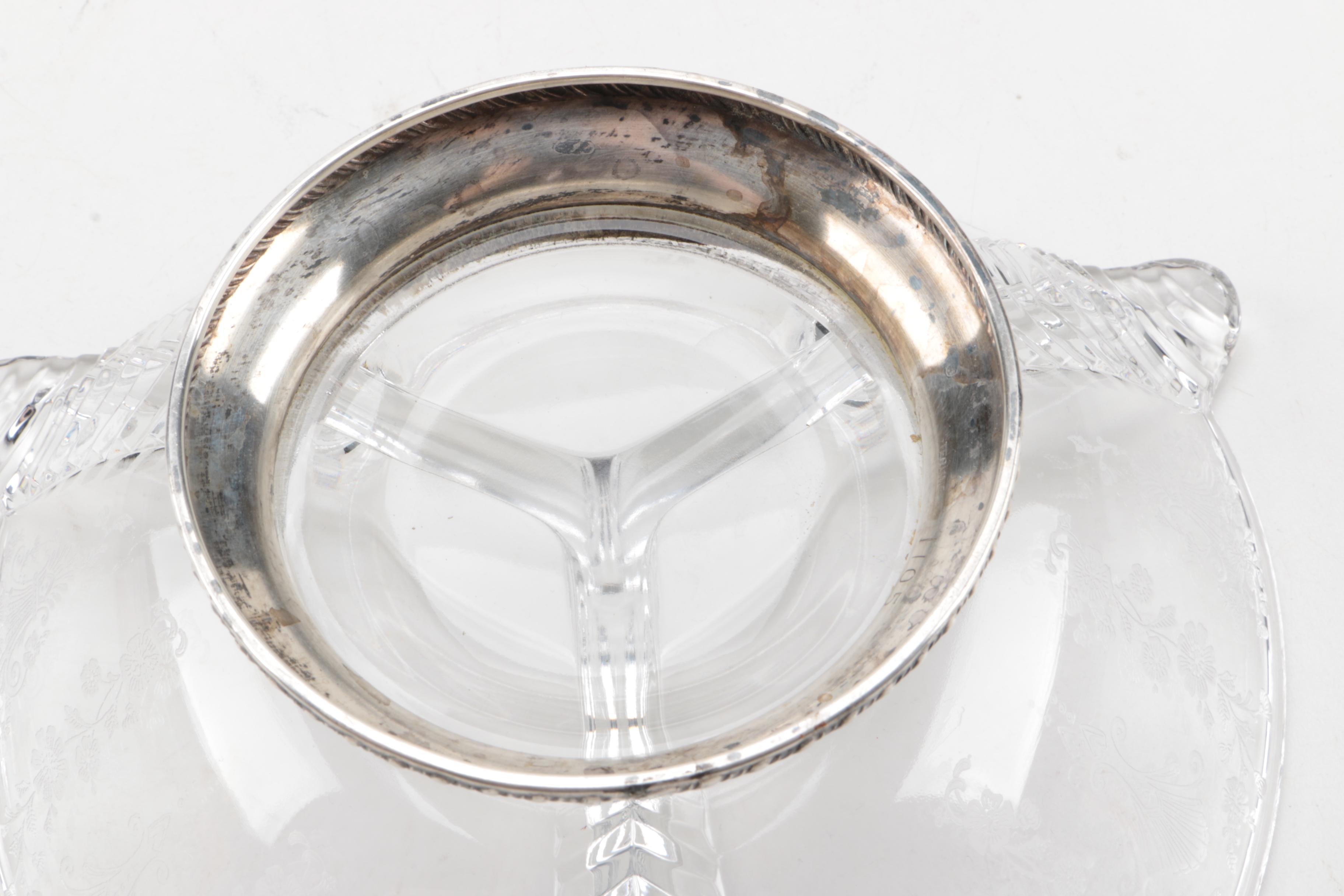 Sterling Silver and Glass Three Way Compartment Decorative Table Dish