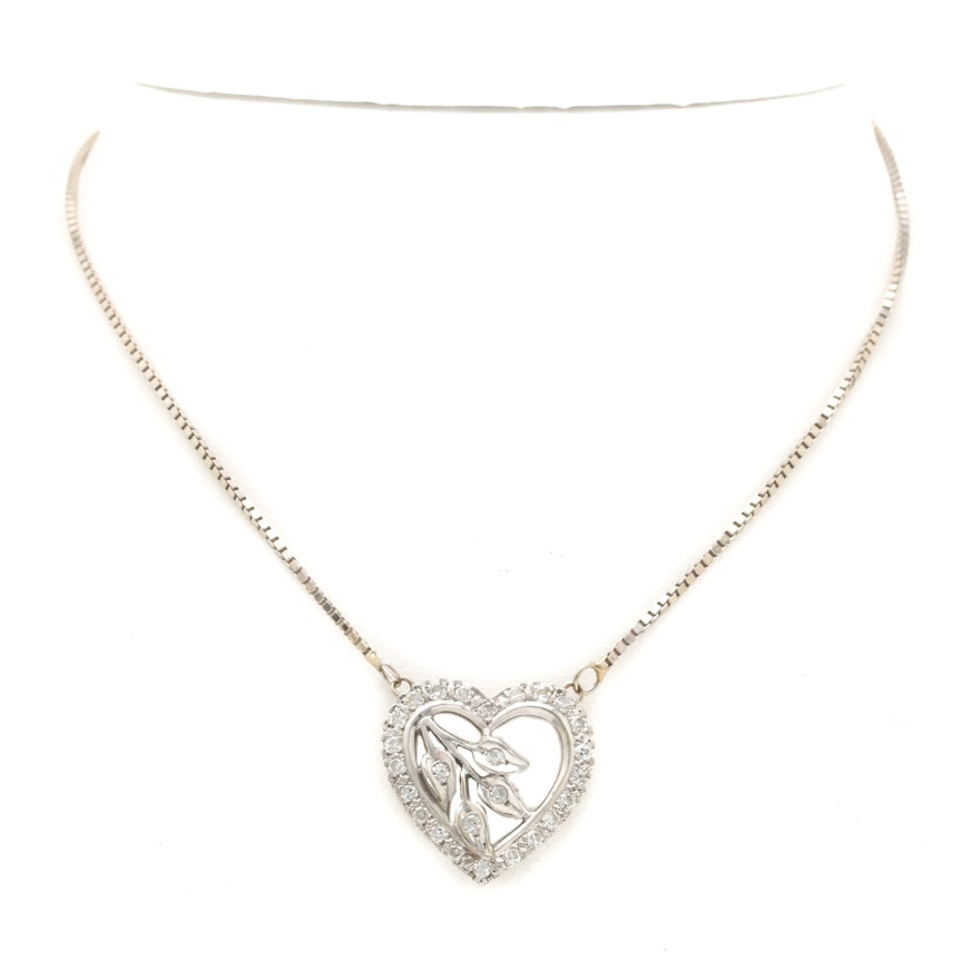 14K White Gold Diamond Heart Pendant Necklace