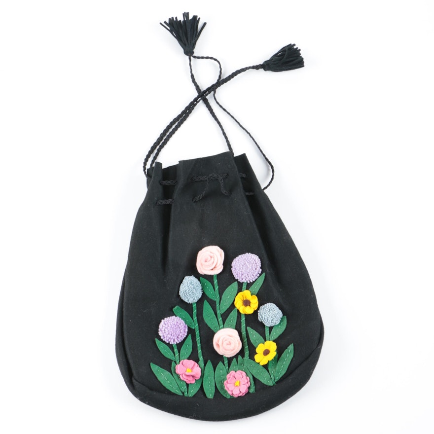 Drawstring Reticule Bag with Floral Embellishment