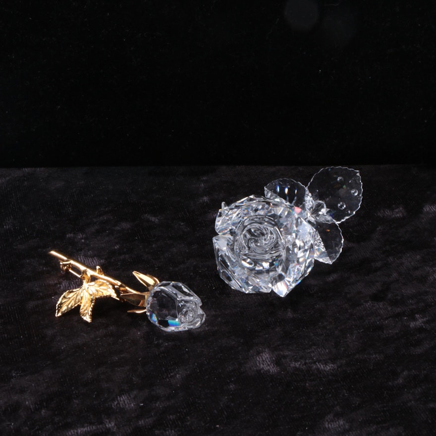 Swarovski Crystal Rose Brooch and Figurine