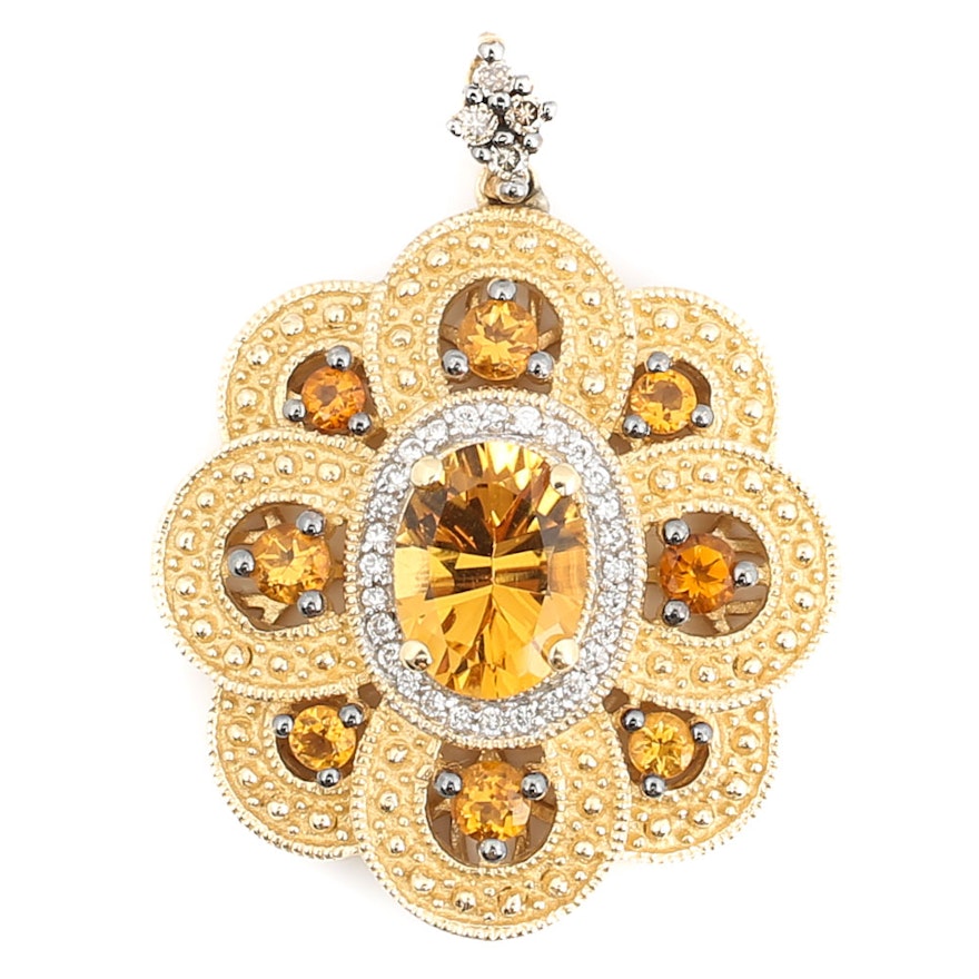 Le Vian 14K Yellow Gold Citrine and Diamond Textured Flower Pendant