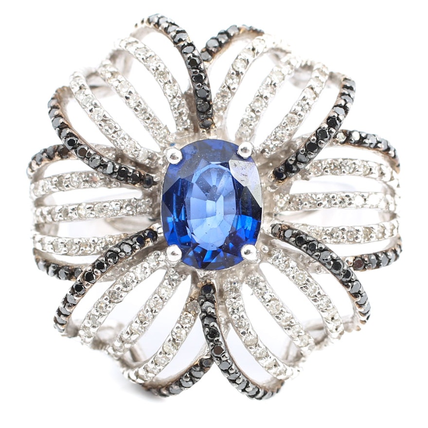 EFFY 14K White Gold Sapphire and Diamond Flower Ring