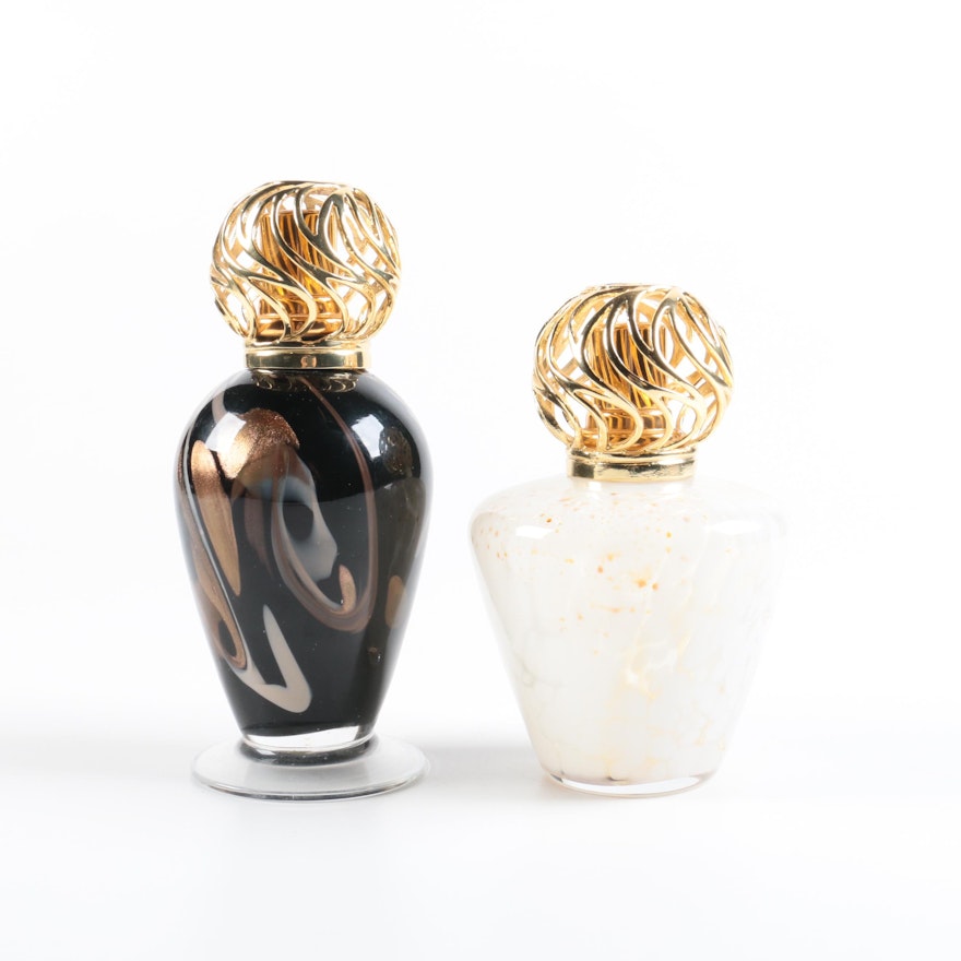 Pairing of Glass Lamp Berger Perfume Bottles with Gold Tone Pierced Lids