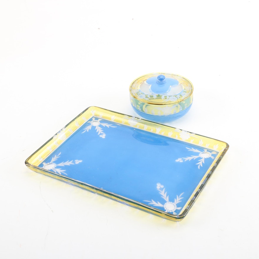 Etched Glass Powder Jar and Vanity Tray