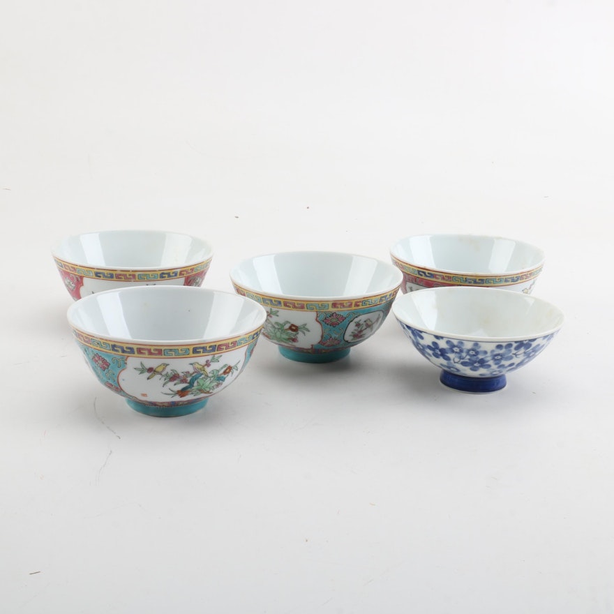Chinese Porcelain Soup Bowls with Birds and Flowers