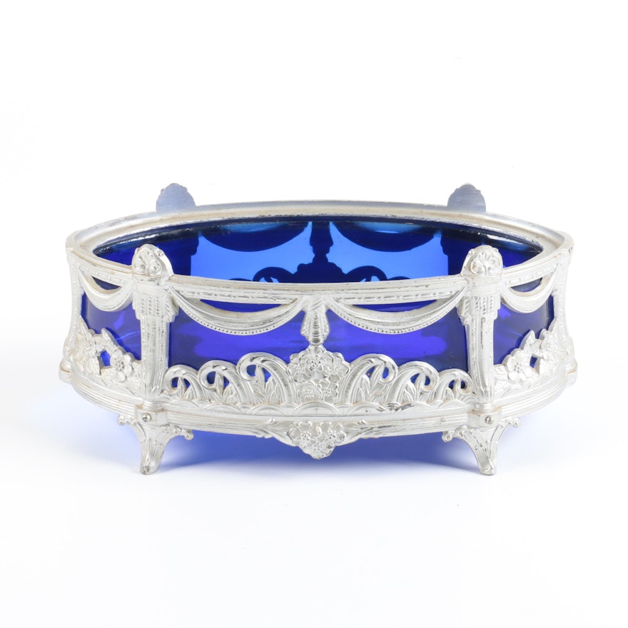 Cobalt Blue Glass Dish With Silver-Tone Frame