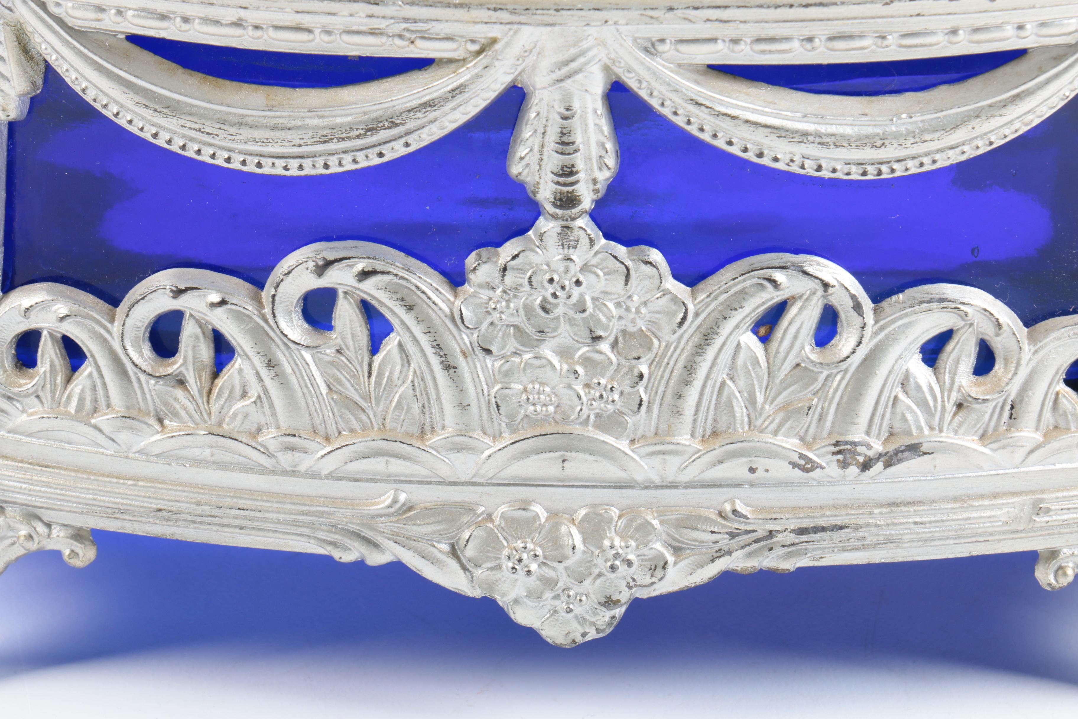 Cobalt Blue Glass Dish With Silver-Tone Frame