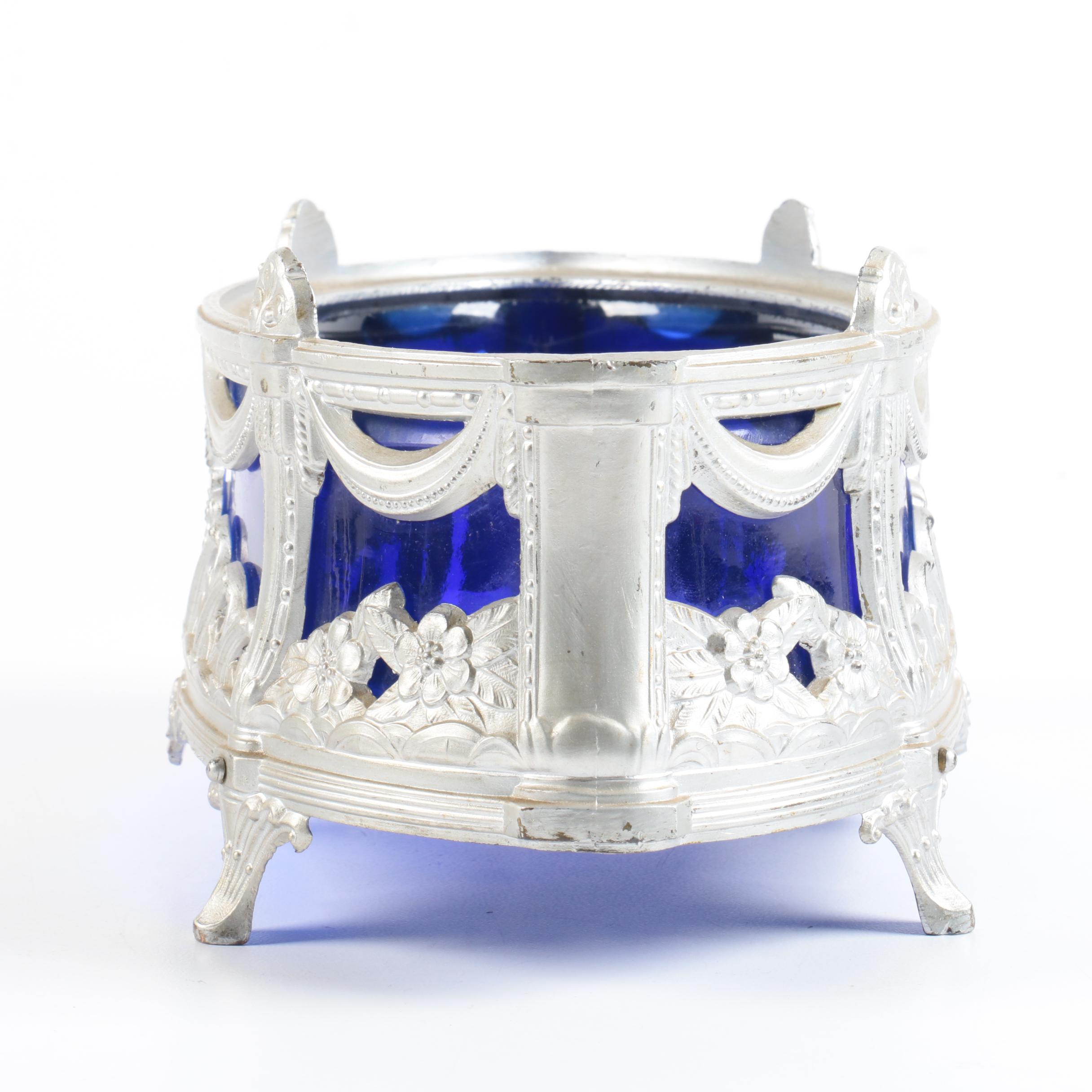 Cobalt Blue Glass Dish With Silver-Tone Frame