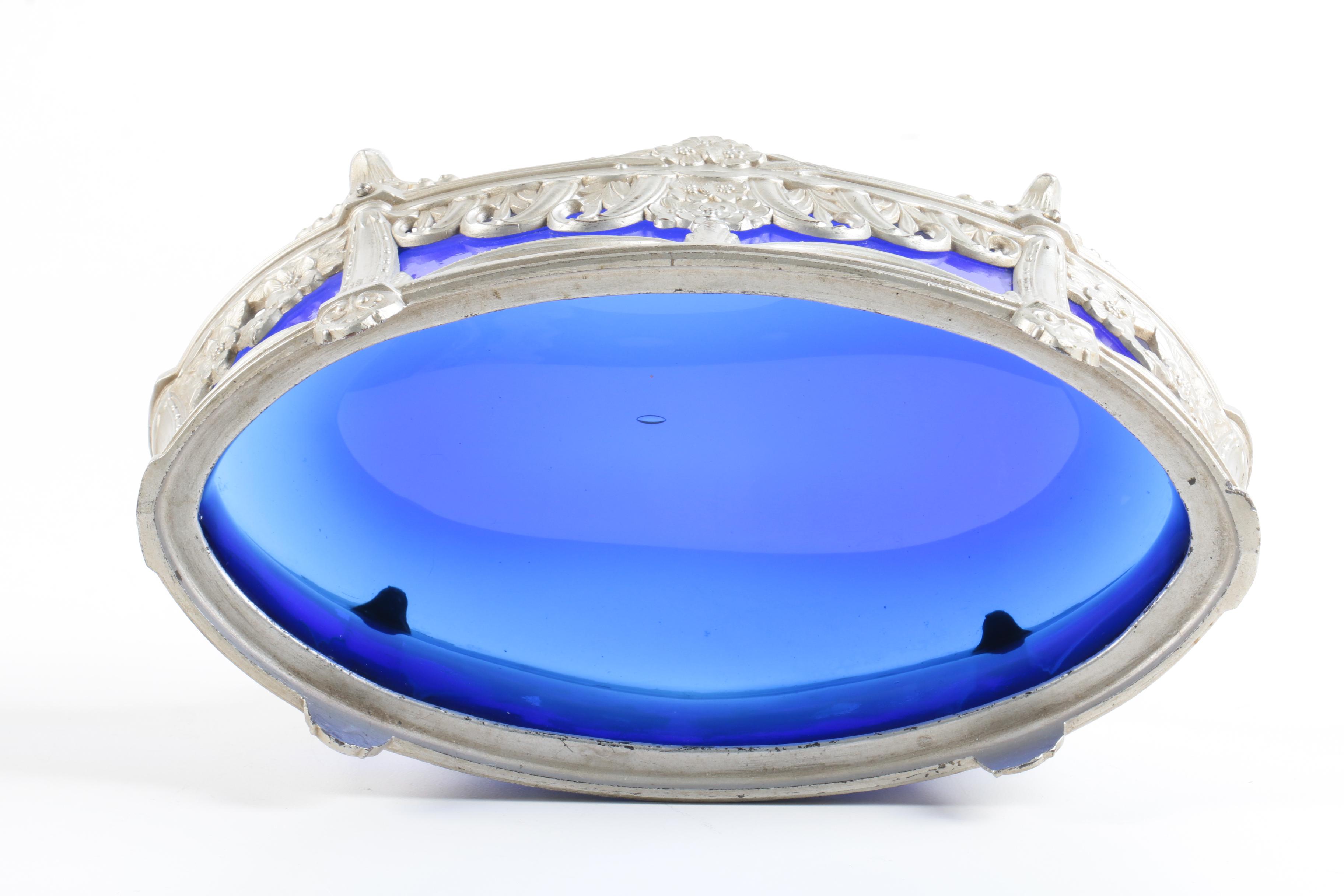 Cobalt Blue Glass Dish With Silver-Tone Frame