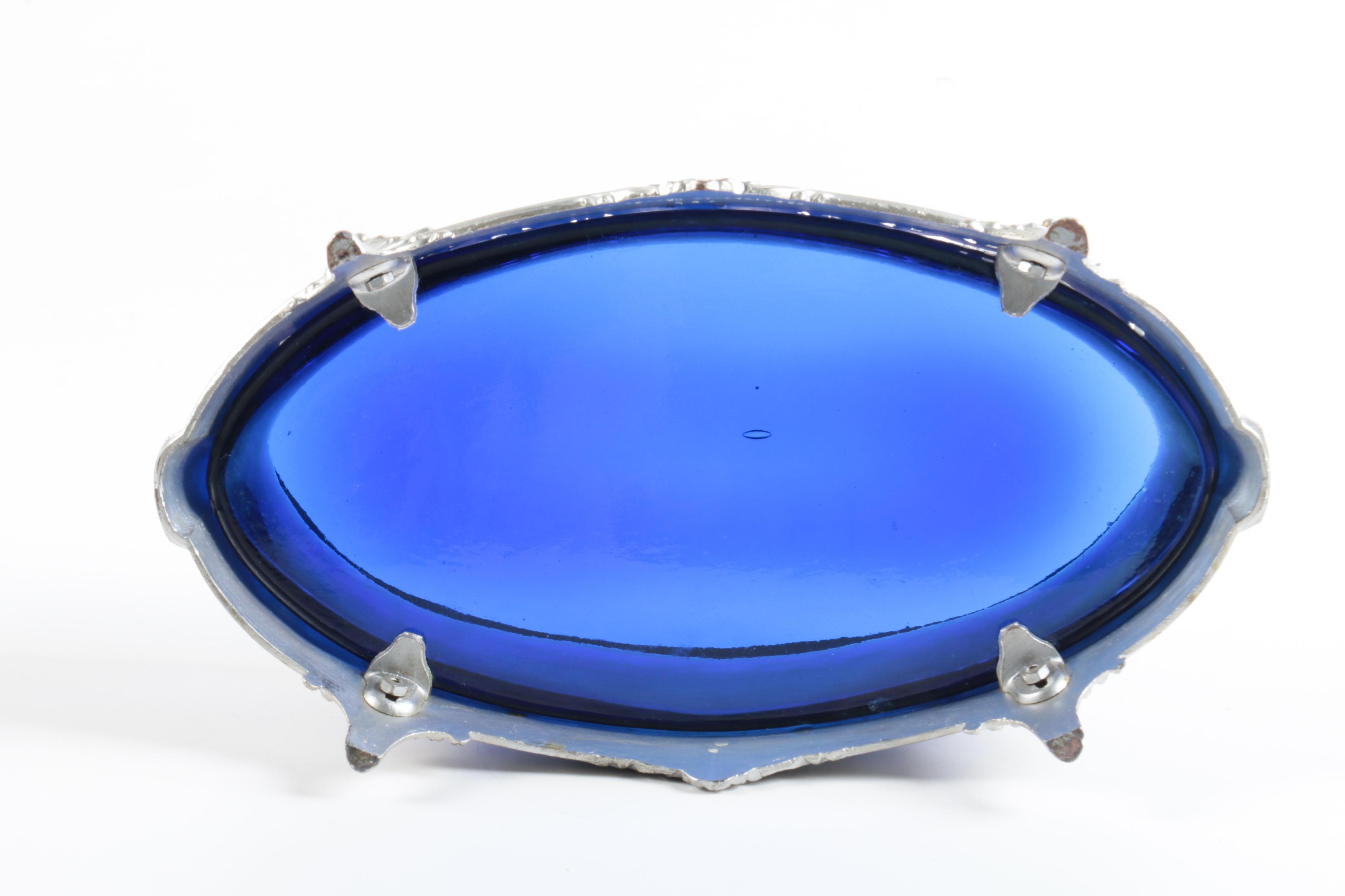 Cobalt Blue Glass Dish With Silver-Tone Frame