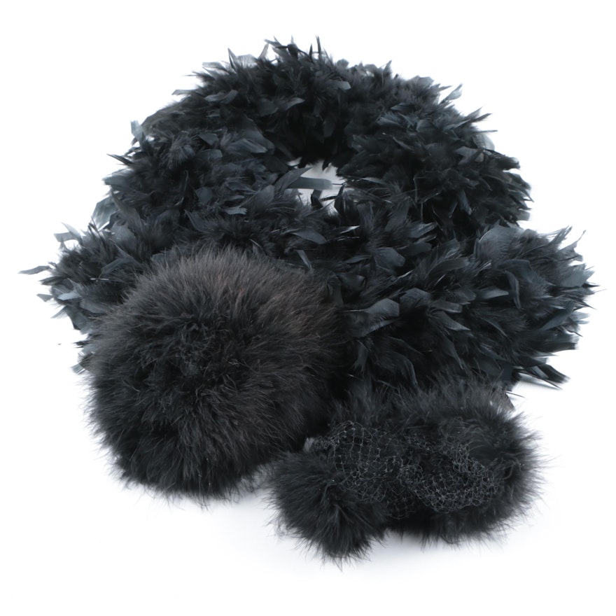 Vintage Black Marabou Feathered Hats and Feather Boa