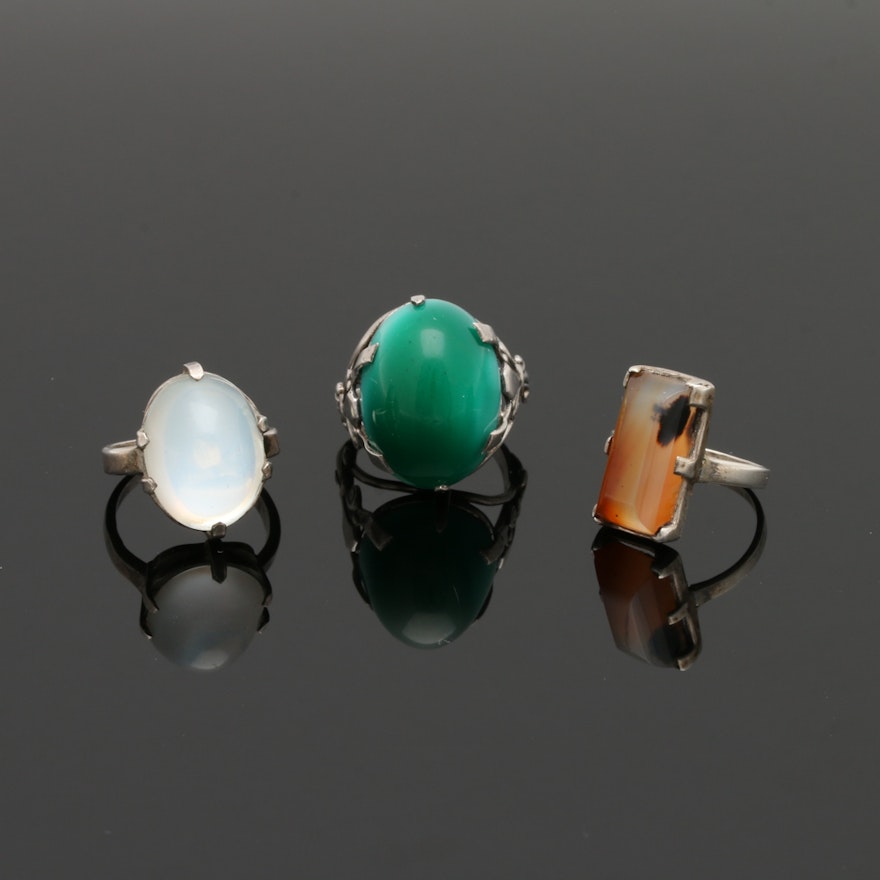 Vintage Sterling Silver Rings Including Agate