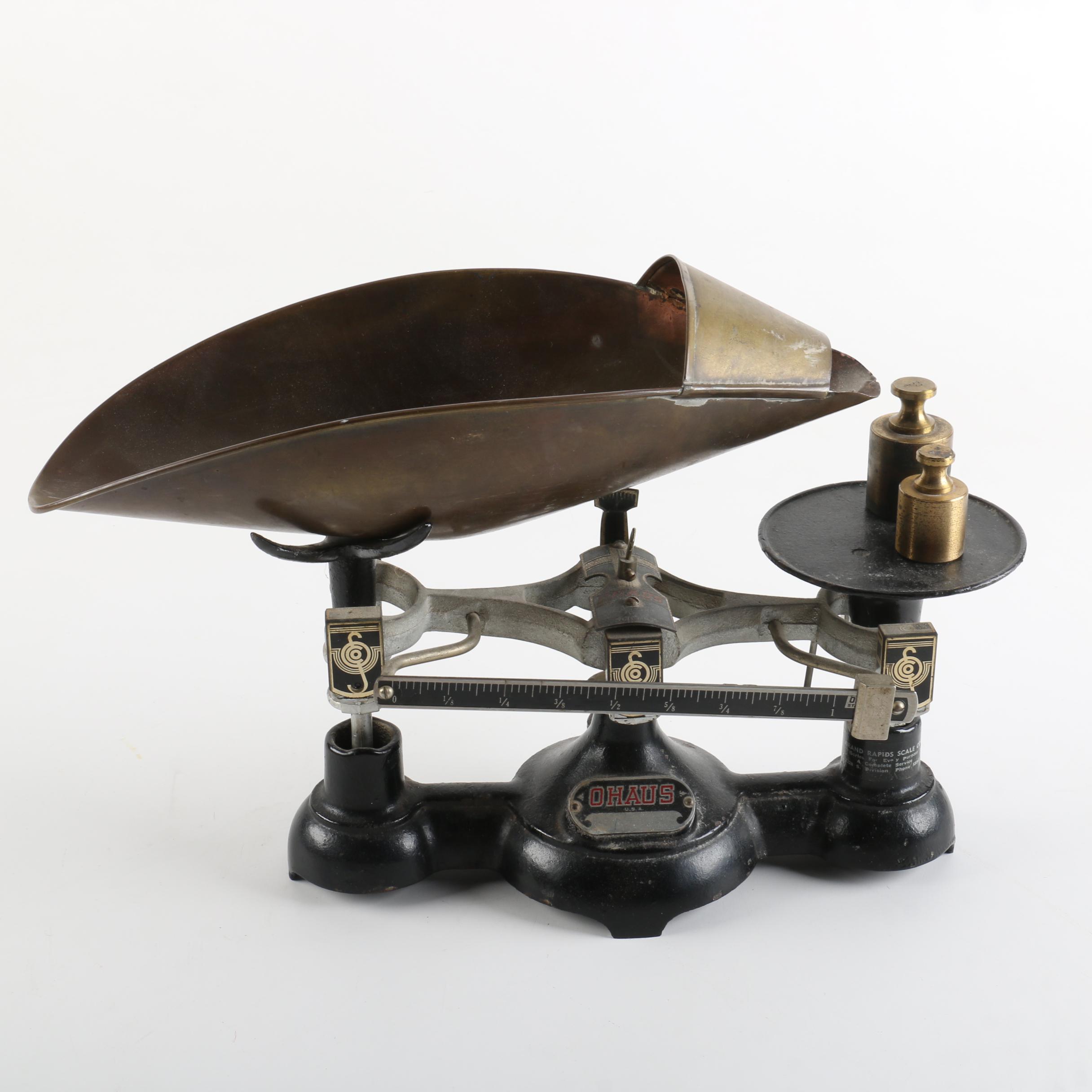 Vintage Ohaus Balance Scale with Brass Weights and Pan
