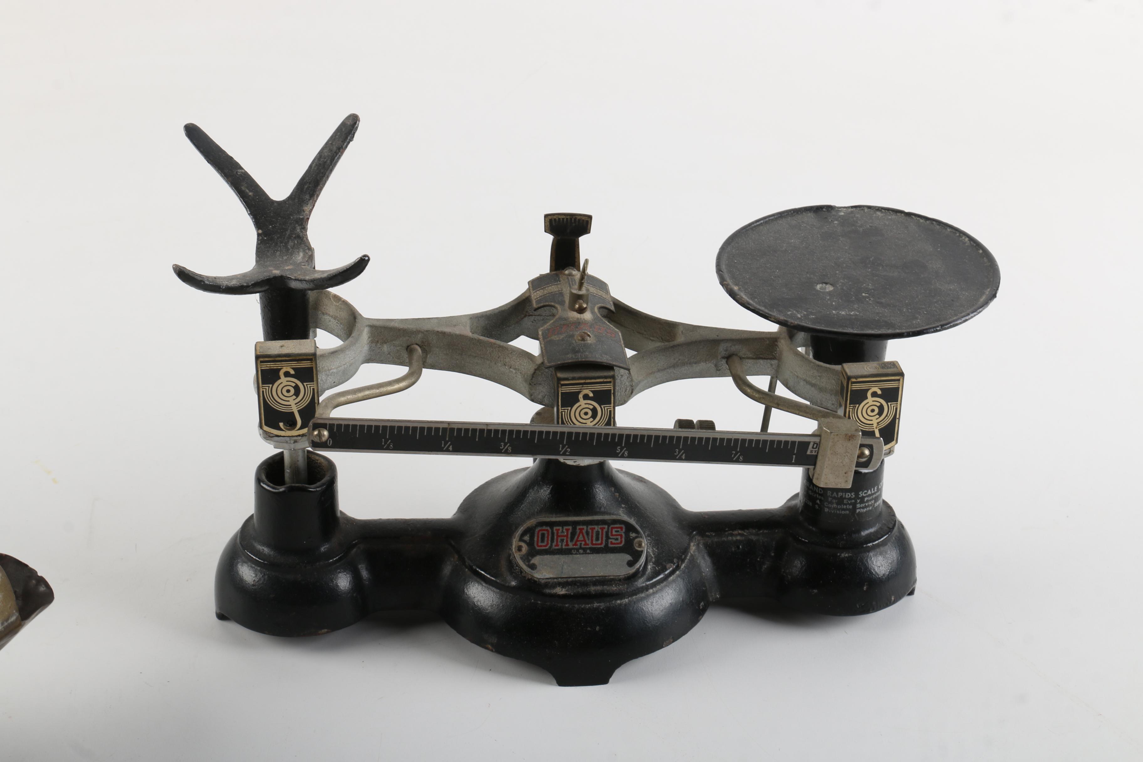Vintage Ohaus Balance Scale with Brass Weights and Pan