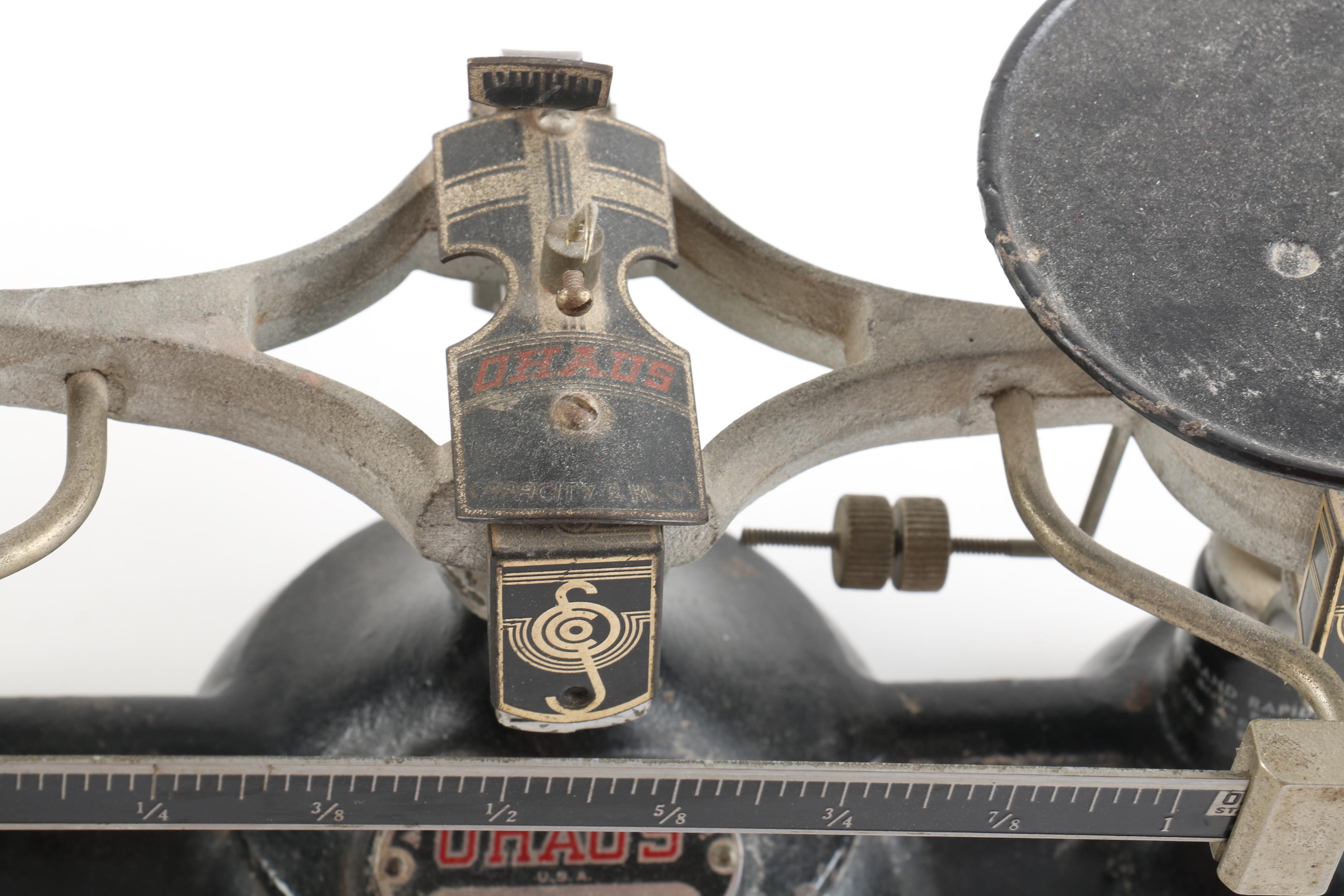 Vintage Ohaus Balance Scale with Brass Weights and Pan