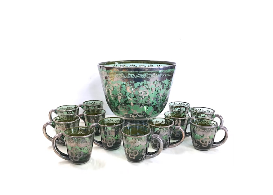 Vintage Green Blown Glass Punch Set with Applied Silver Plate Overlay