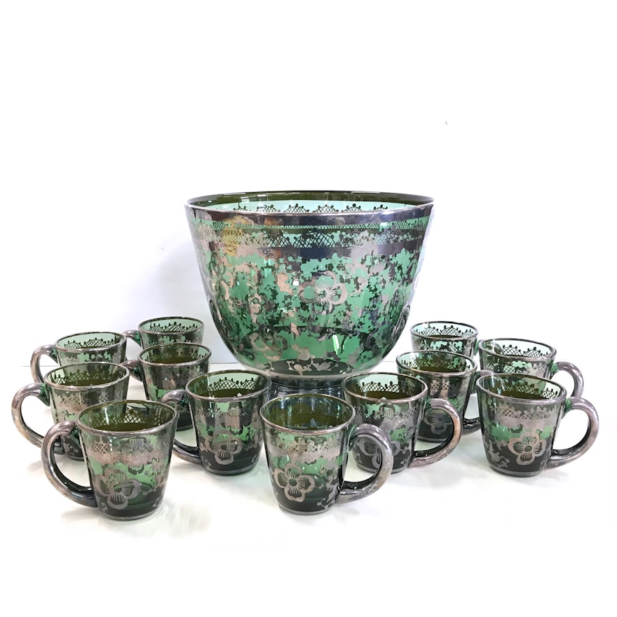 Vintage Green Blown Glass Punch Set with Applied Silver Plate Overlay