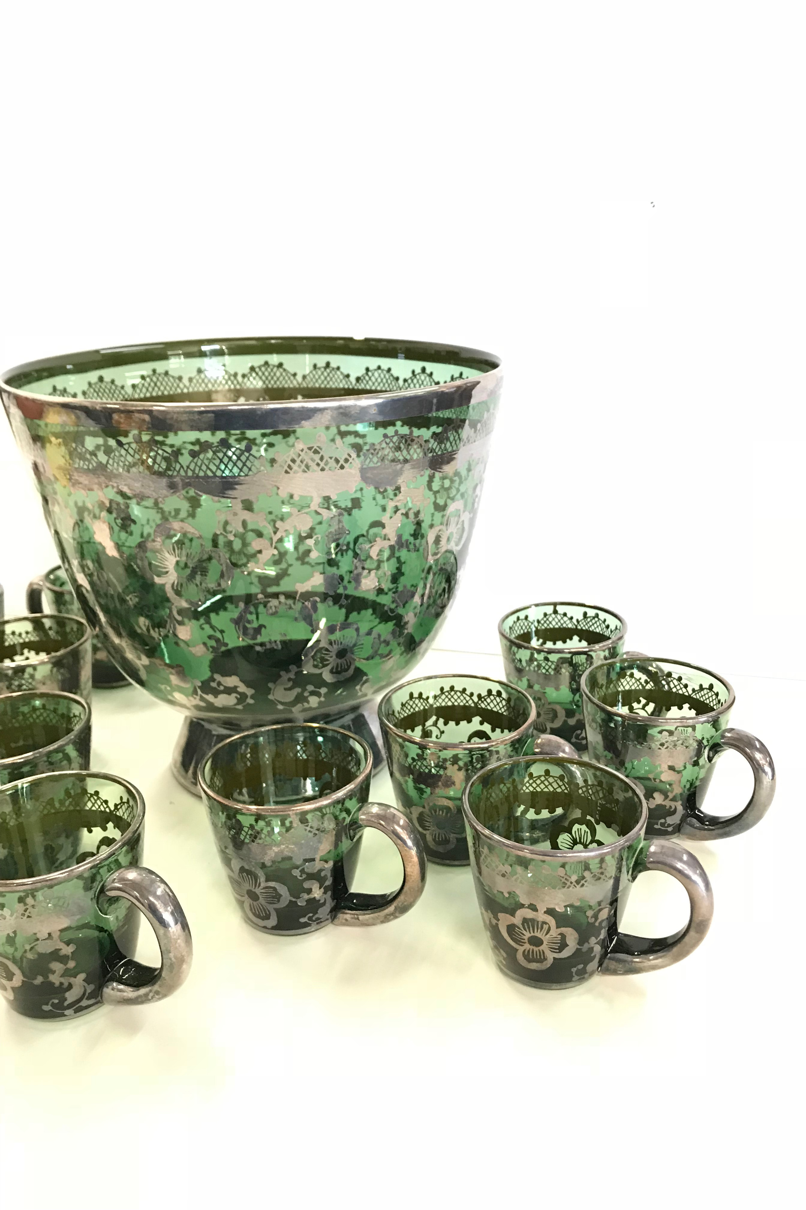 Vintage Green Blown Glass Punch Set with Applied Silver Plate Overlay