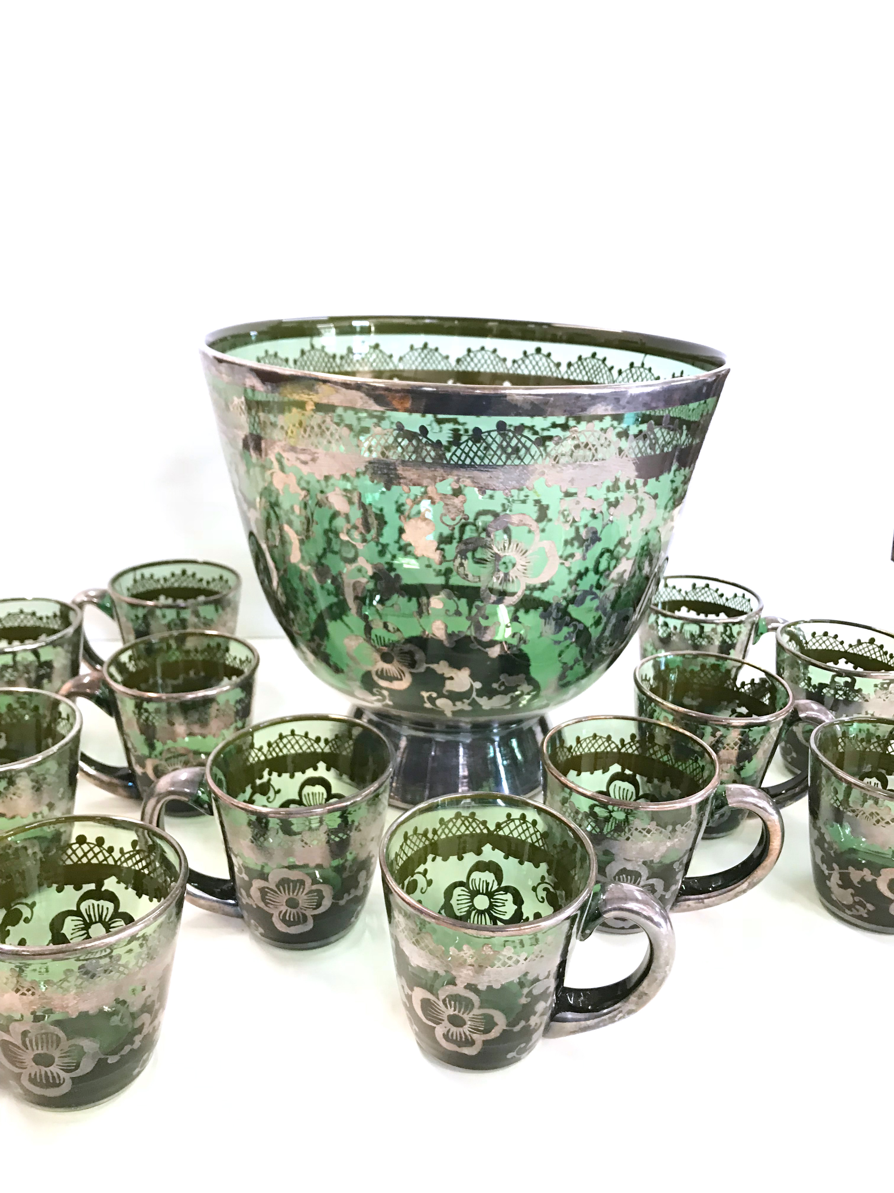 Vintage Green Blown Glass Punch Set with Applied Silver Plate Overlay