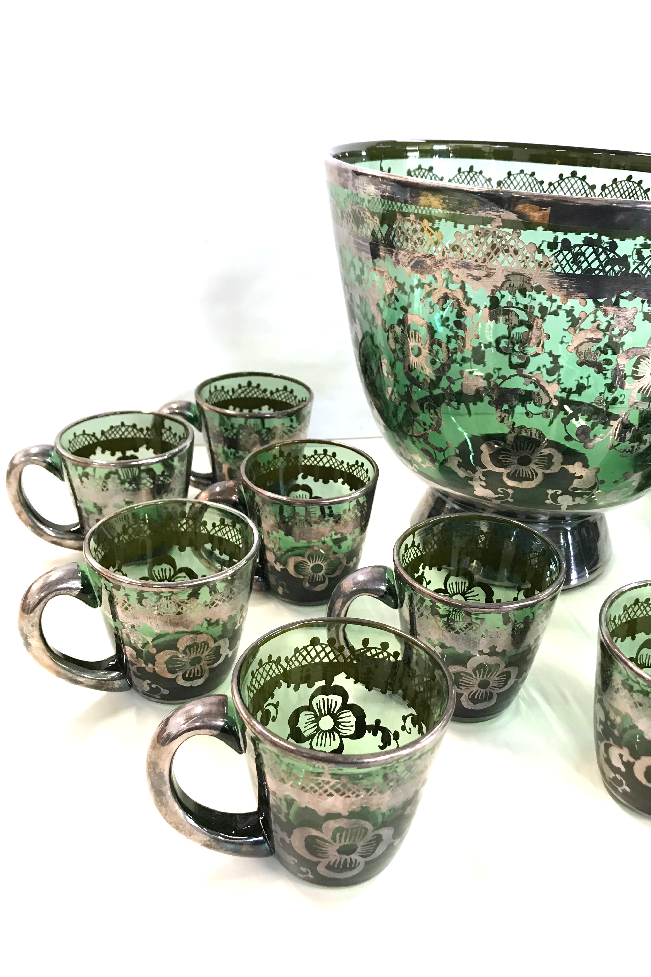 Vintage Green Blown Glass Punch Set with Applied Silver Plate Overlay