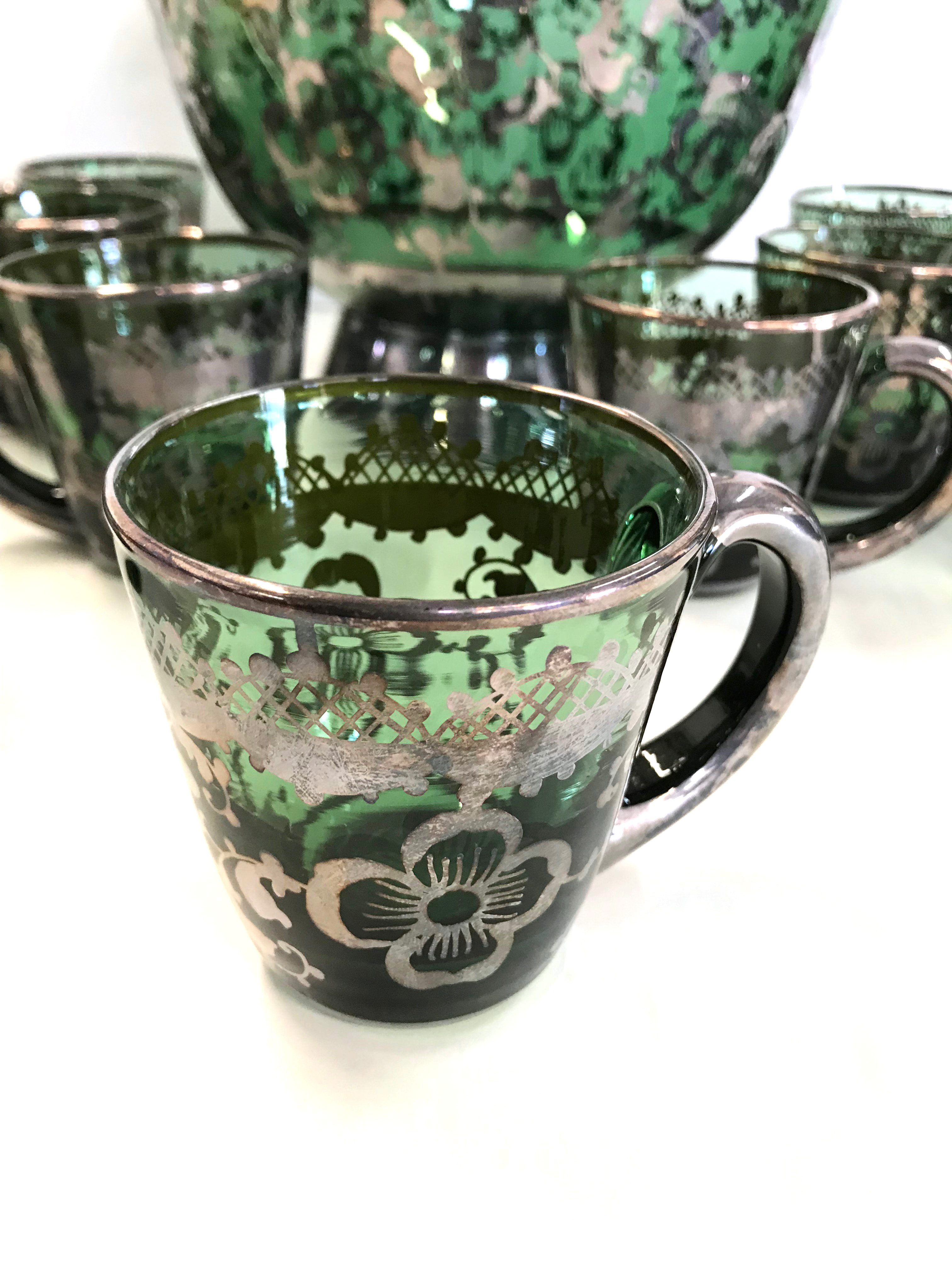 Vintage Green Blown Glass Punch Set with Applied Silver Plate Overlay