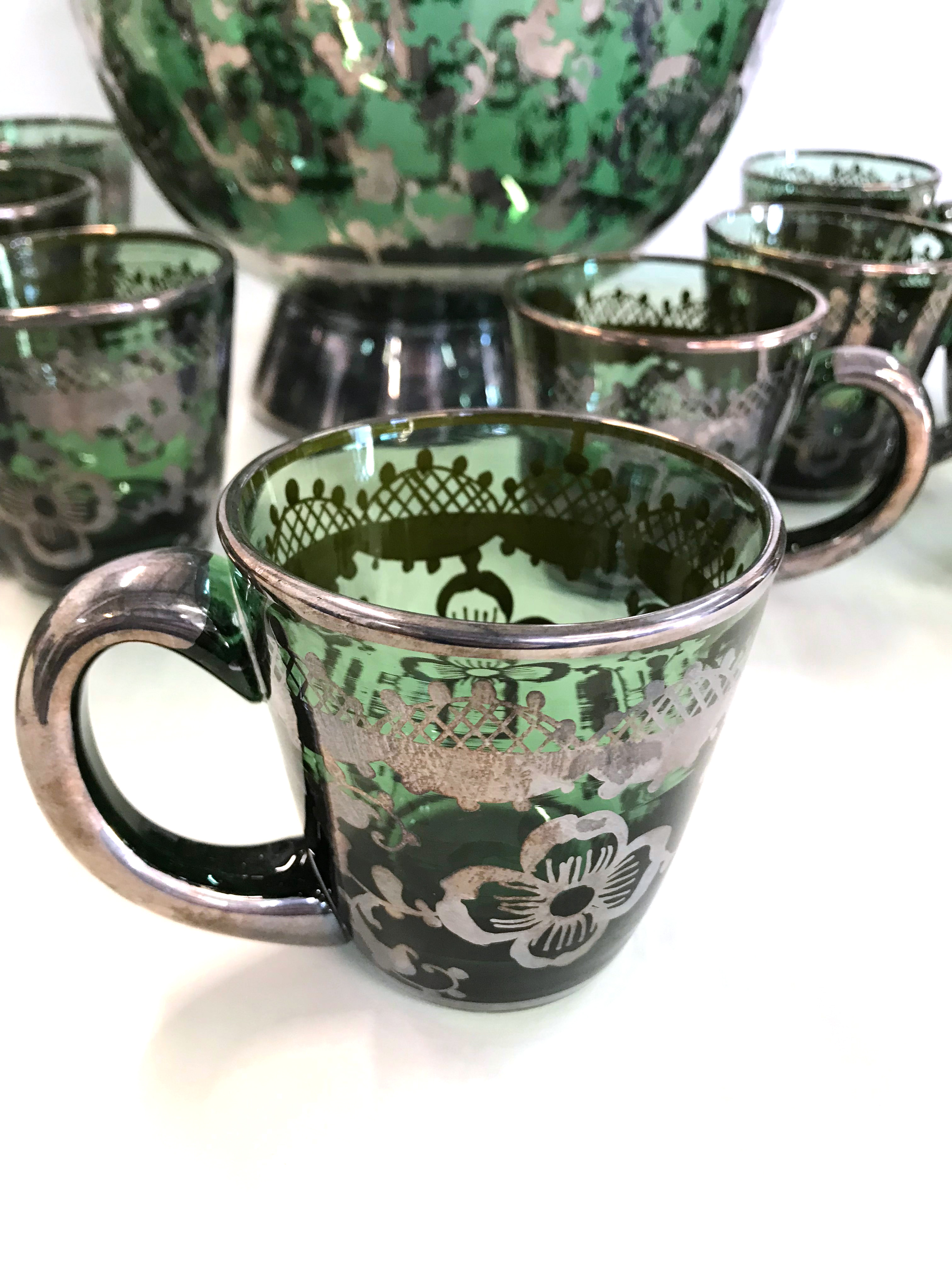 Vintage Green Blown Glass Punch Set with Applied Silver Plate Overlay