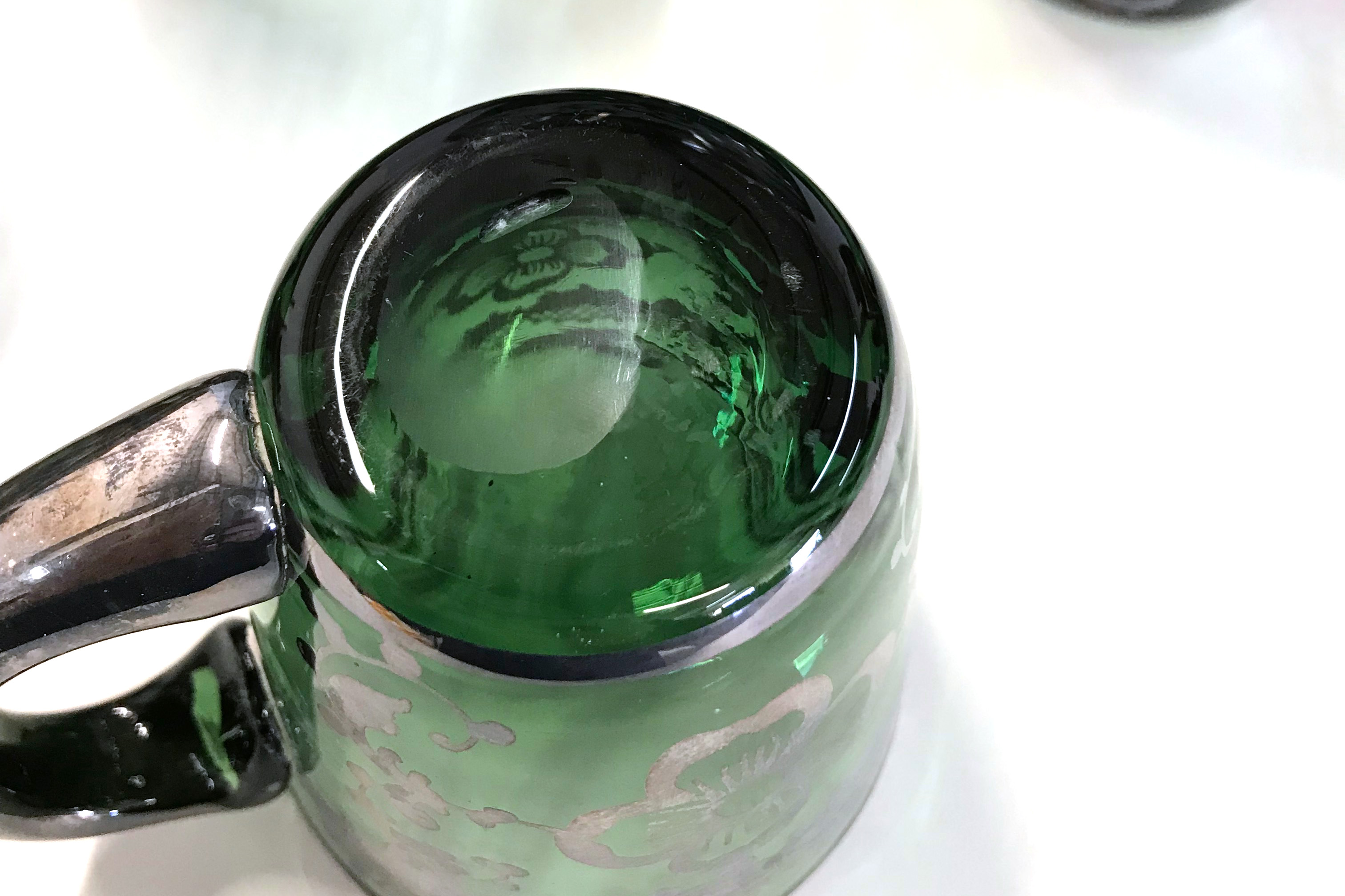 Vintage Green Blown Glass Punch Set with Applied Silver Plate Overlay