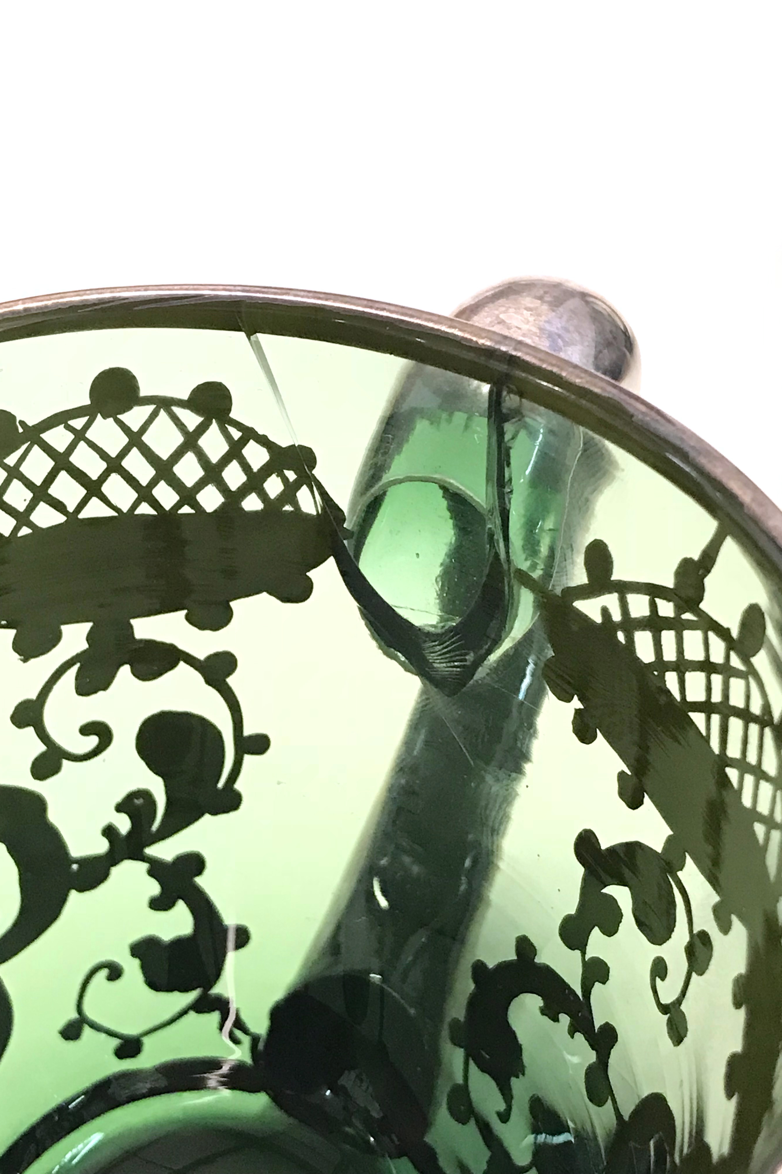 Vintage Green Blown Glass Punch Set with Applied Silver Plate Overlay