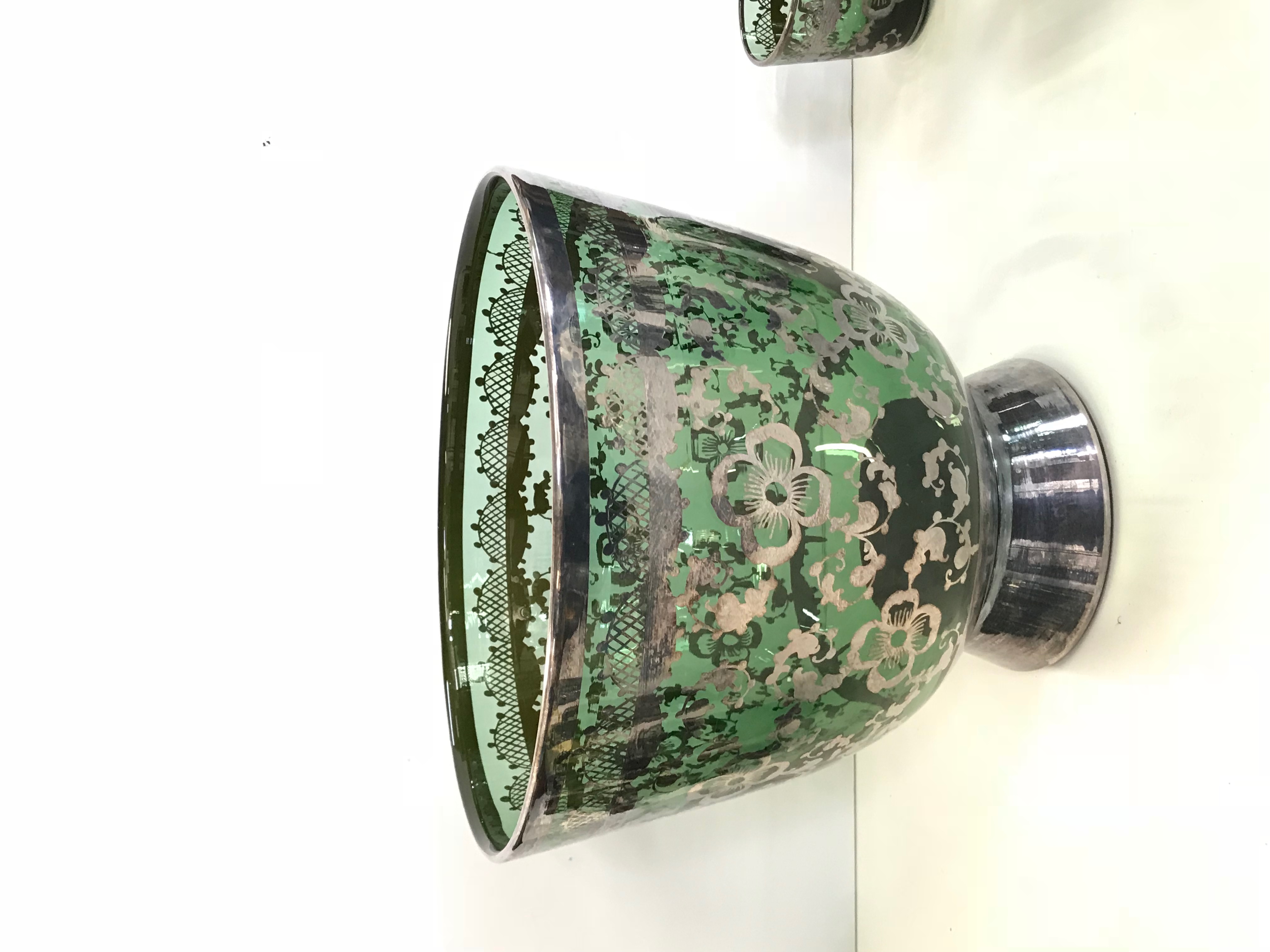 Vintage Green Blown Glass Punch Set with Applied Silver Plate Overlay