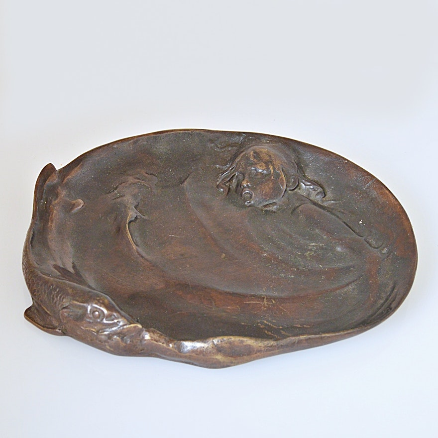 Art Nouveau Bronze Tray with Fish and Swimming Child