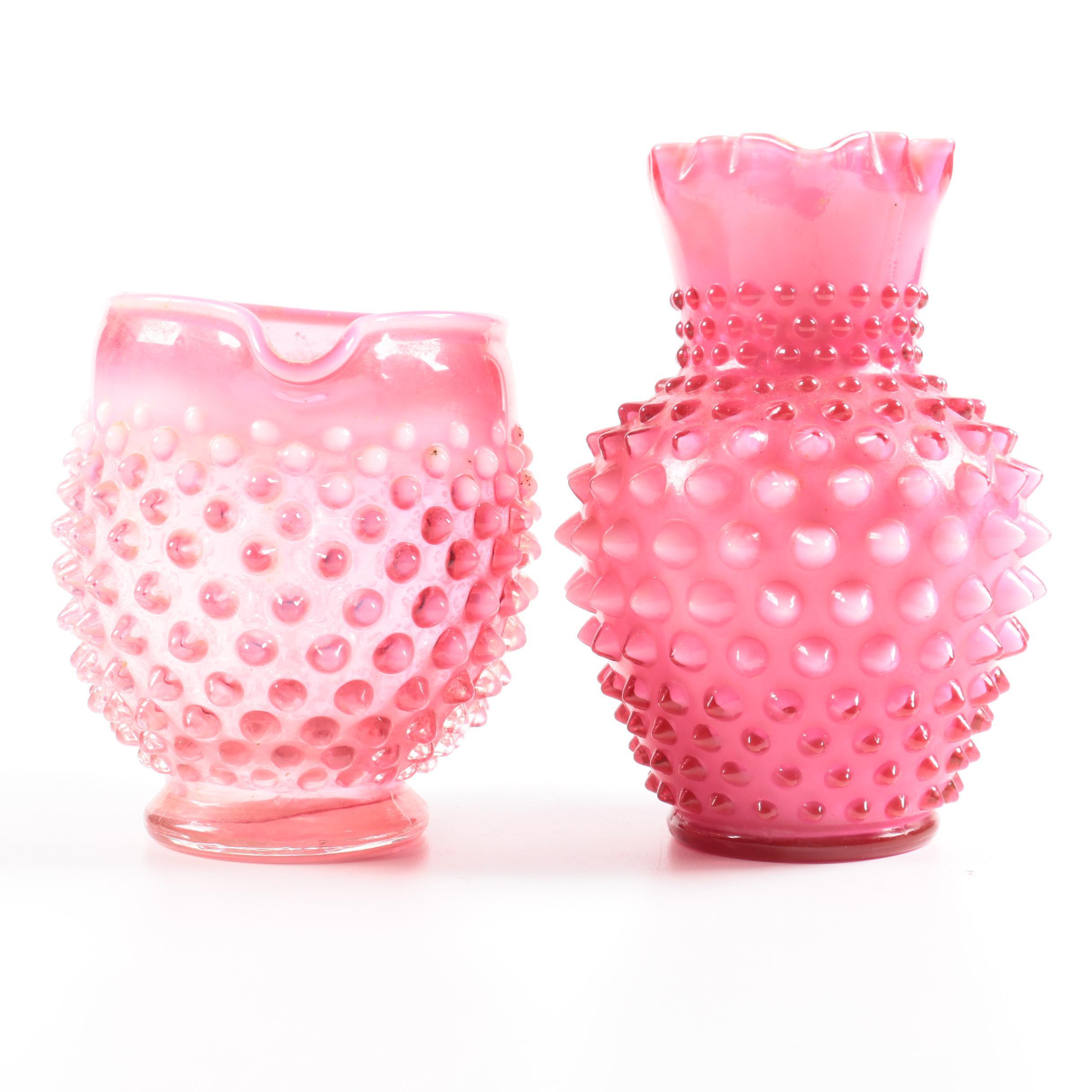 Fenton Opalescent "Hobnail Cranberry" Creamer and Pitcher